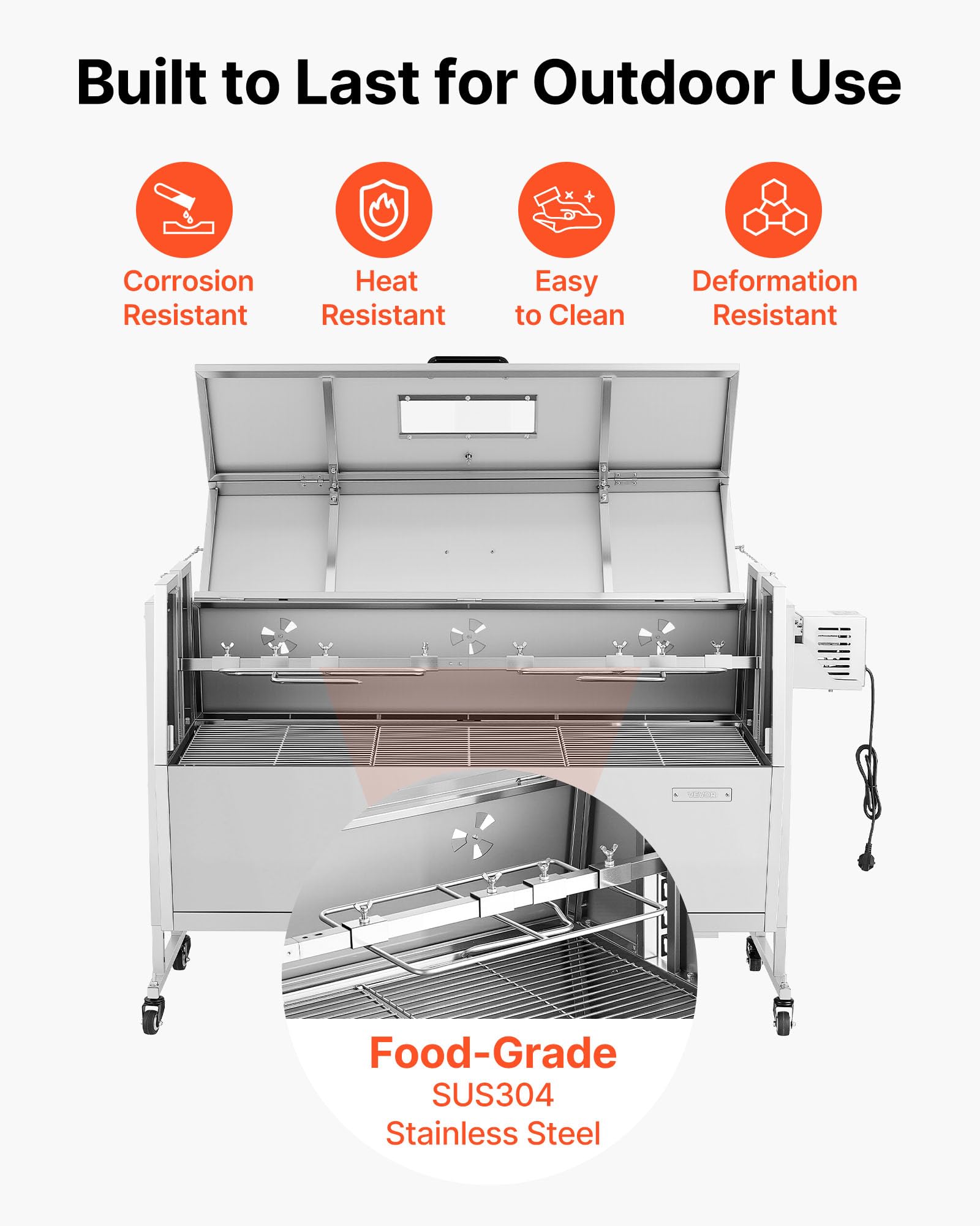 VEVOR Grill do rożna, 117 cm, grill na zewnątrz dla świni i jagnięciny, palarnia na węgiel drzewny o pojemności 59 kg, kółka i 4-poziomowa wysokość, zestaw do grillowania rożna ze stali nierdzewnej