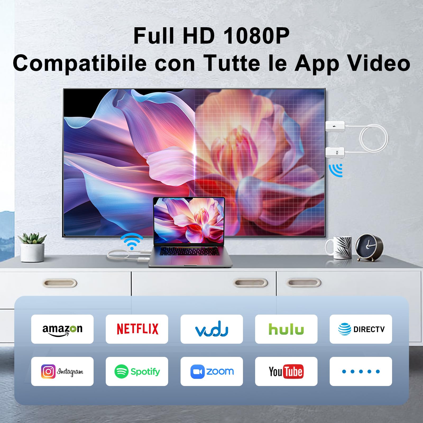 Trasmettitore e Ricevitore HDMI Wireless, Extender HDMI WirelessHD 1080P Supporta Schermo a Specchio Wireless da 2,4/5 GHz per Streaming Video/Audio/File da Laptop/PC/Proiettore/Monitor (Bianco)