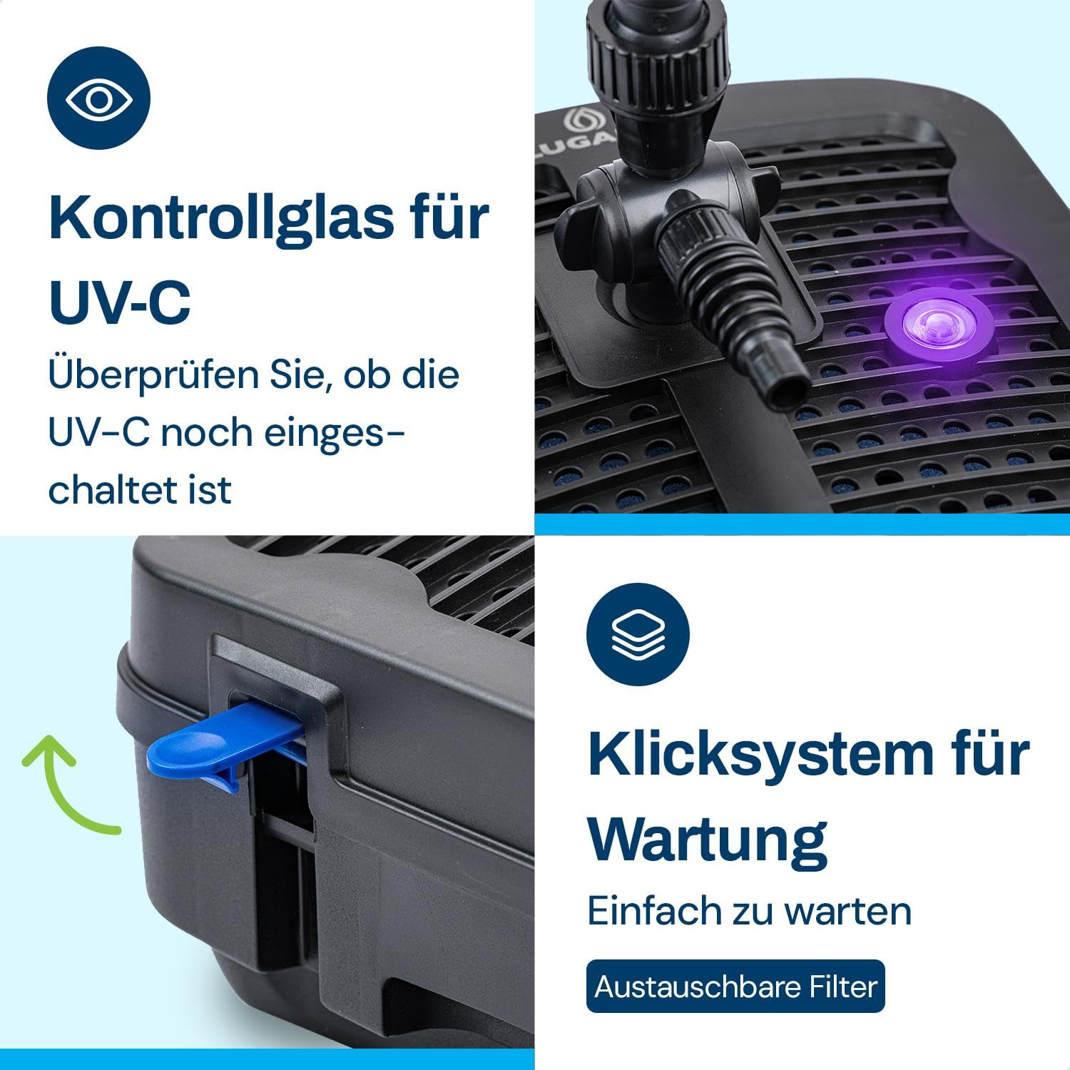 BluFilter 1011-3-in-1 Teichpumpe mit Filter - Teichfilteranlage & UV-C Filter - 11W UVC Klärer Lampe - Für Fischteich & Kleine Teiche - Filterpumpe Komplettset - 1.000 L/h