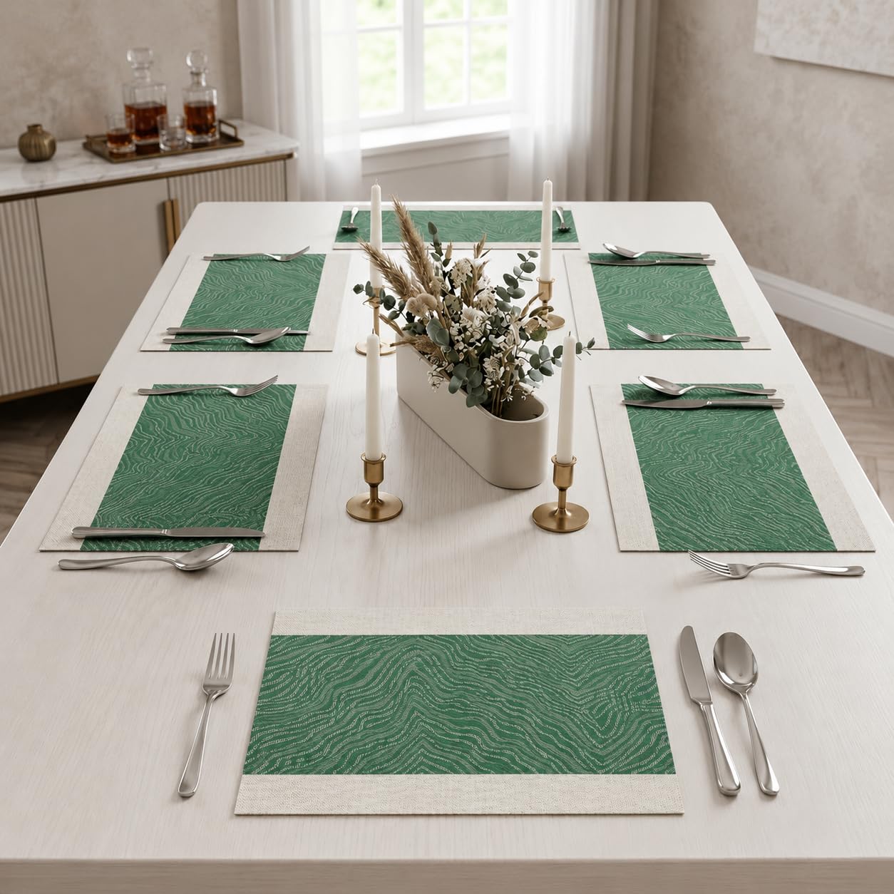 daiDokoro Rectangular Crossweave Woven PVC Vinyl Non-Slip Insulation Heat-Resistant & Waterproof Stain Resistant Washable Placemat for Dining & Kitchen Table-(Jade Green, Set of 6)