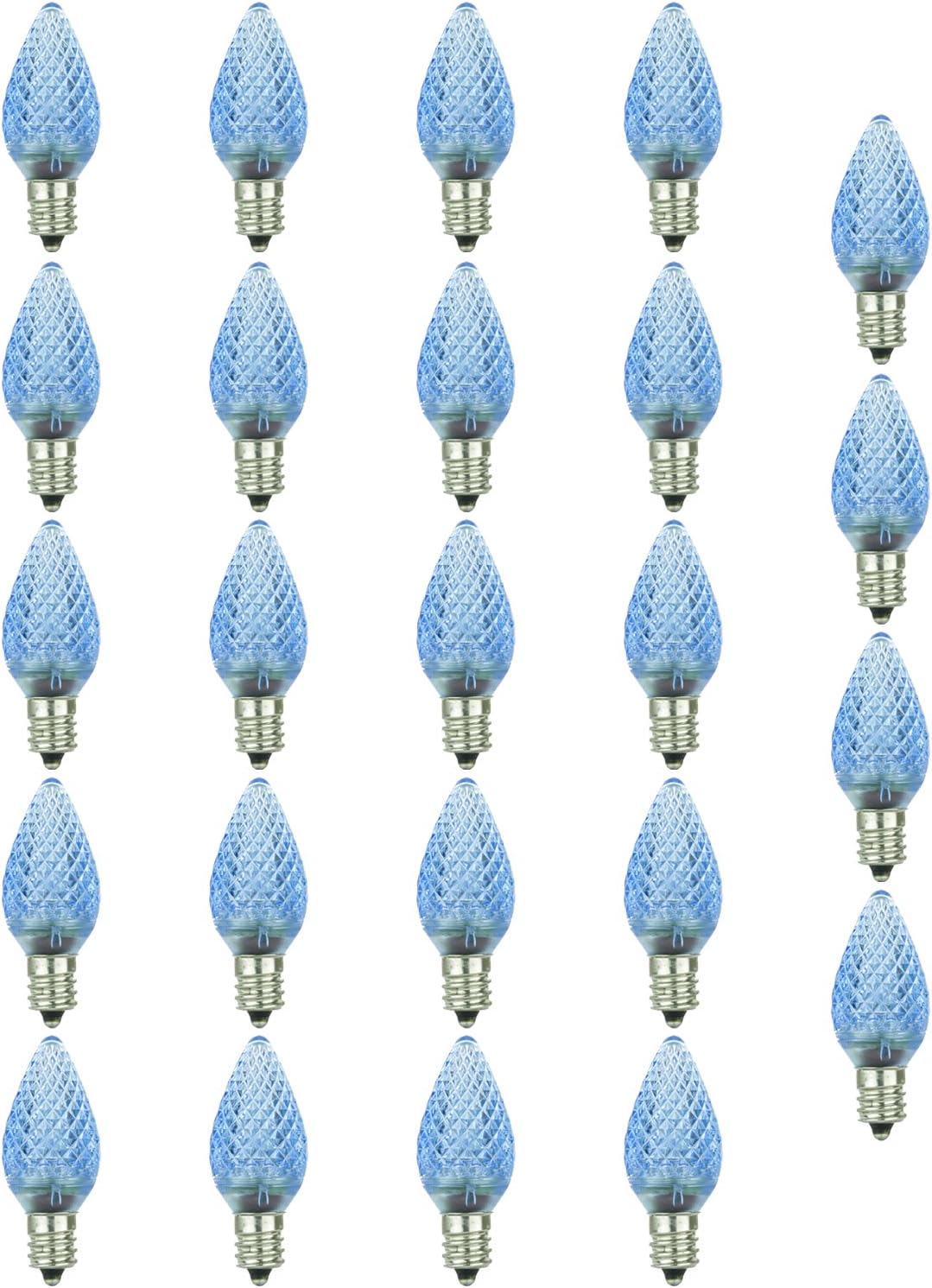 Sunlite 40458 LED C7 Holiday Decorative Light Bulb, 0.4 Watts, E12 Candelabra Base, Faceted Christmas-Lights; Nightlight, Blue 24 Count Sunlite 40458 LED C7 Holiday Decorative Light Bulb, 0.4 Watts, E12 Candelabra Base, Faceted Christmas-Lights; Nightlight, Blue 24 Count