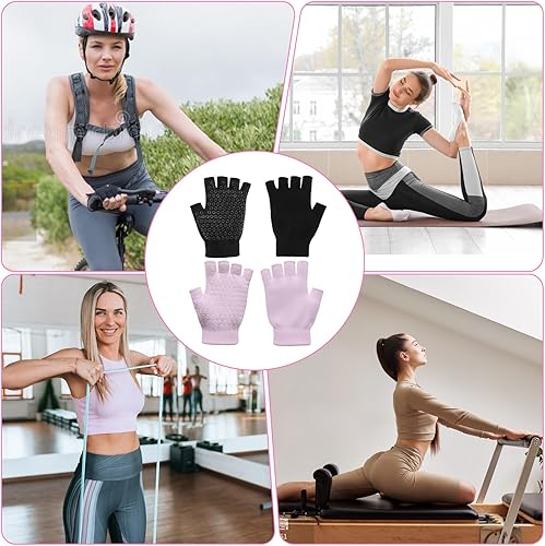 Miniatura 8 de TIESOME 2 pares de guantes de yoga antideslizantes sin dedos para mujer, guantes de gimnasio de pilates sin dedos con agarres para entrenamiento de