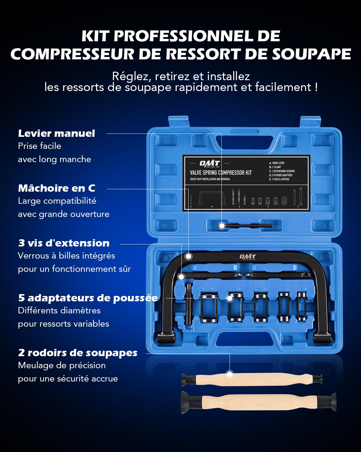 Orion Motor Tech Kit Lève-soupape 10 Pièces avec Serre-Joint en C, Compresseur de Ressort de Soupape pour Auto, Moto et Petit Moteur, Outil de Distribution avec 5 Adaptateurs et Mallette