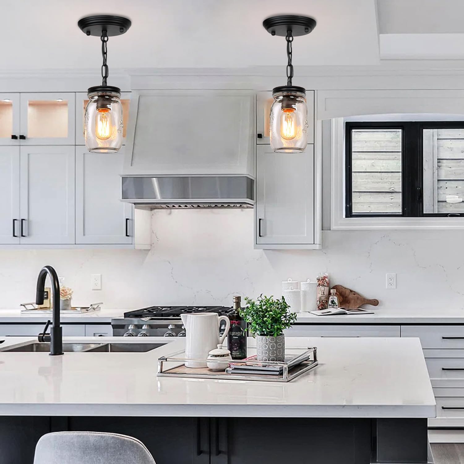 2 Pack Mason Jar Light Fixtures, 1-Light Kitchen Island Light Glass Jar Chandelier Farmhouse Pendant Lighting Fixture Close to Ceiling for Dining Room Sink Barn Foyer Stairway