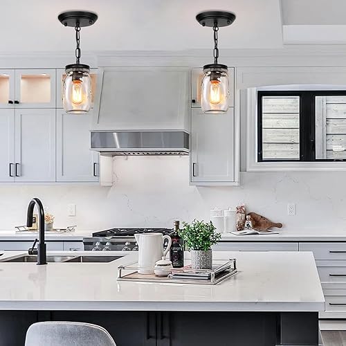 Miniatura 5 de PUZHI HOME Paquete de 2 lámparas de tarro de masón, 1 luz de isla de cocina, candelabro de cristal para casa de campo, cerca del techo, para