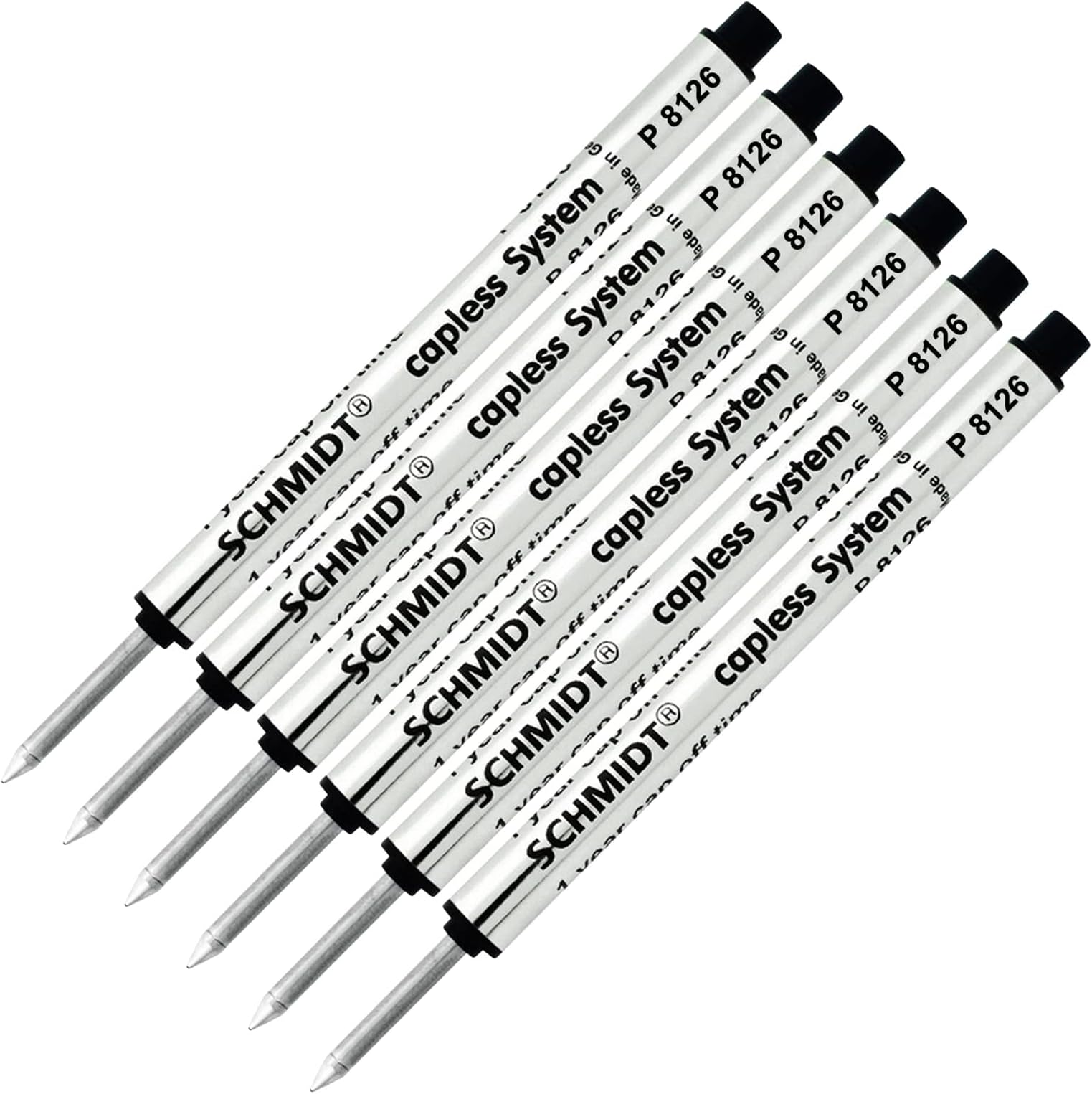 Black Ink Fine Rollerball Refill Pen, Capless System, P8126, 6-Pack, 0.6 mm Tip, Made in Germany