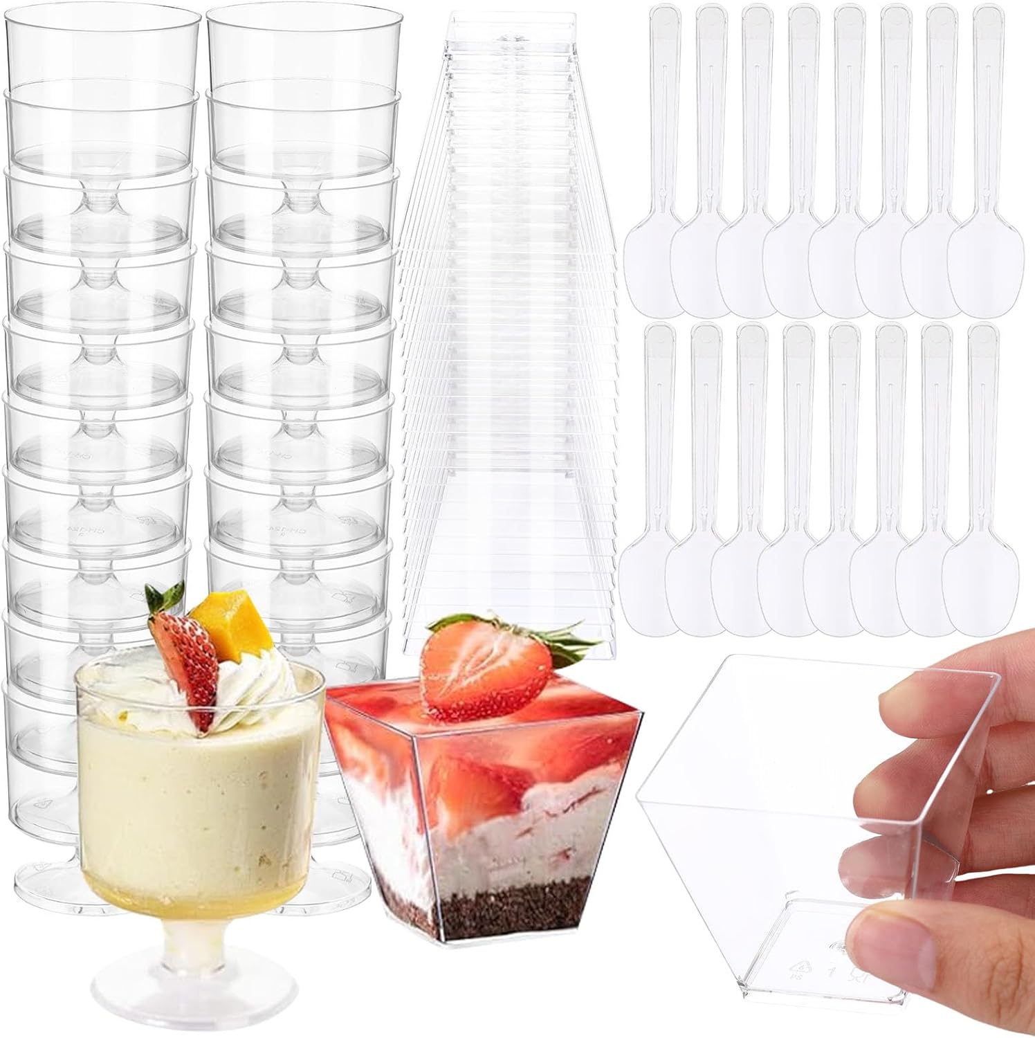 100 Pack Dessert Cups with Spoons 2oz Clear Plastic Dessert Parfait Cup Mini Square Shot Glasses Round Goblet Shooters Plastic Spoons for Fruit Ice Cream Cake Party Supplies(Clear)
