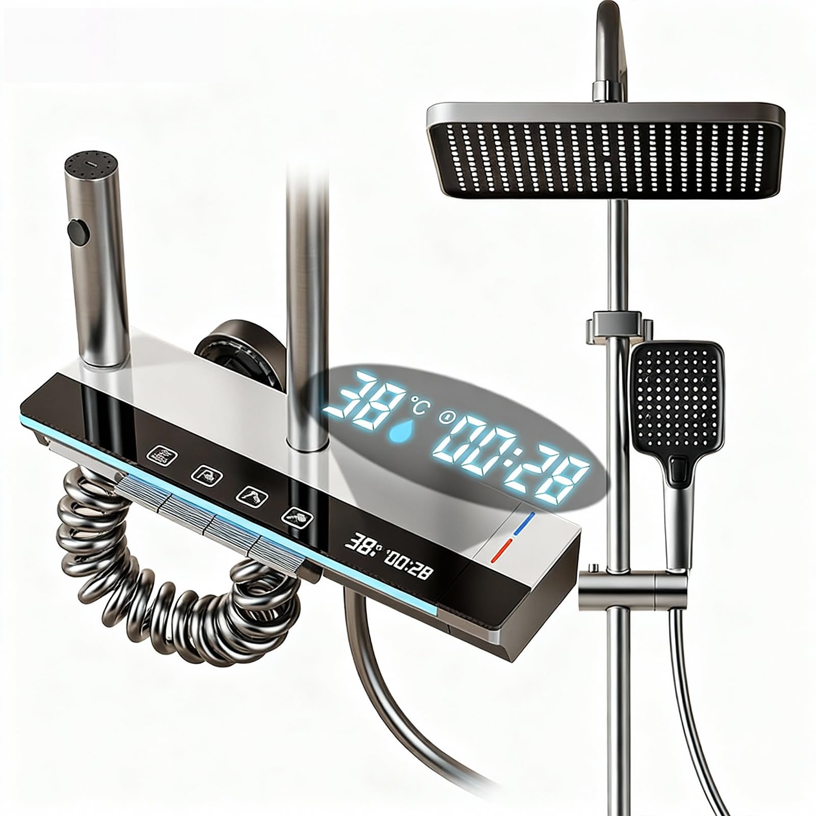 Columna de Ducha 4 en 1 con Pantalla LED Digital, Sistema de Ducha con Lluvia XL, Cascada, Ducha de Mano, Grifo, Altura Ajustable, Sin Electricidad, Luz LED Azul Ideal para Baño Familiar Moderno