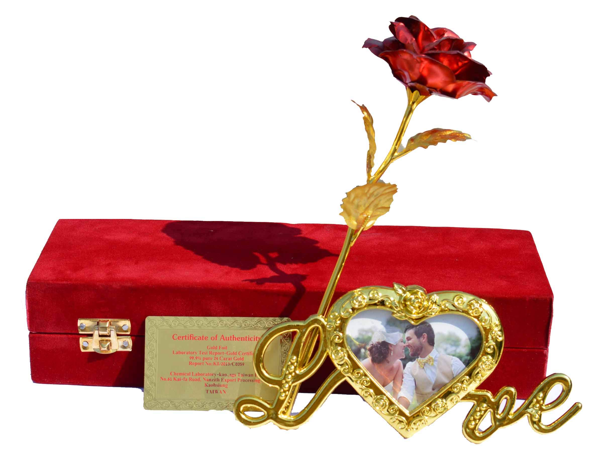Lavanaya Silver - Gold Foiled Red Rose Flower with Heart Shape Photo Frame Love Flower Stand with Velvet Box (30X10X8 CM, RED)-image-48