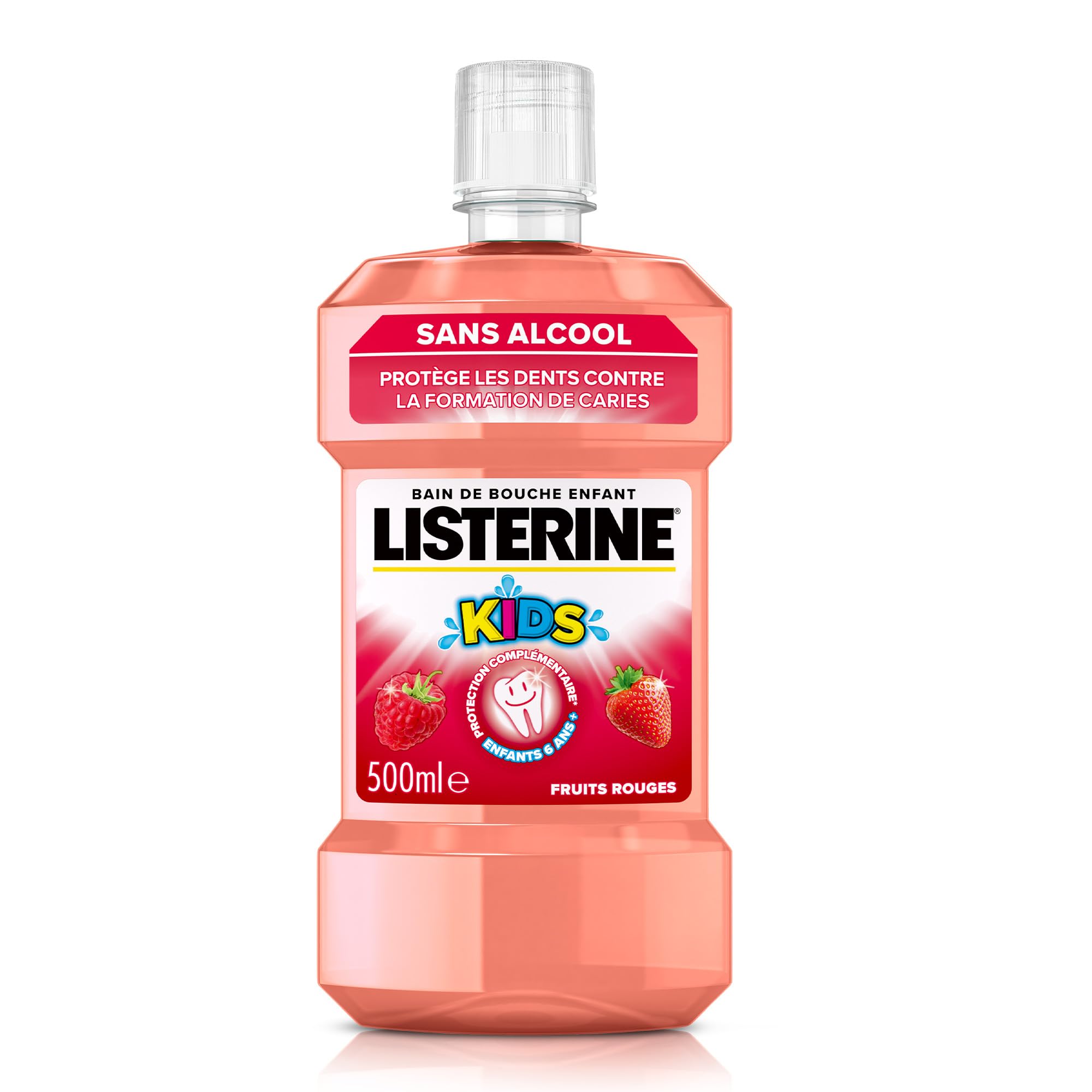 Listerine – Bain de Bouche Enfant Fruits Rouges 0% Alcool (bouteille de 500 ml) – Soin bucco-​dentaire pour éliminer 99,​9% des bactéries – Bain de bouche sans alcool pour une haleine fraîche durable