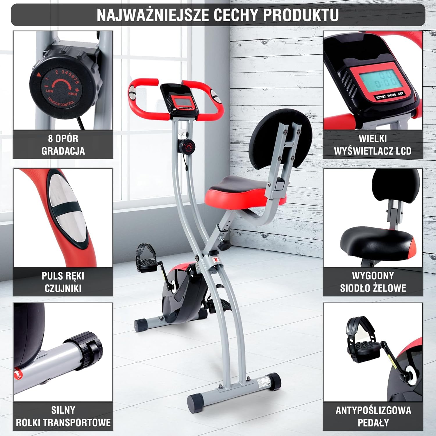 Ultrasport F-Bike Curved rower treningowy składany, rower domowy, składany, z wygodnym siodełkiem, ergometr, rower domowy, rower fitness, czarno-czerwony