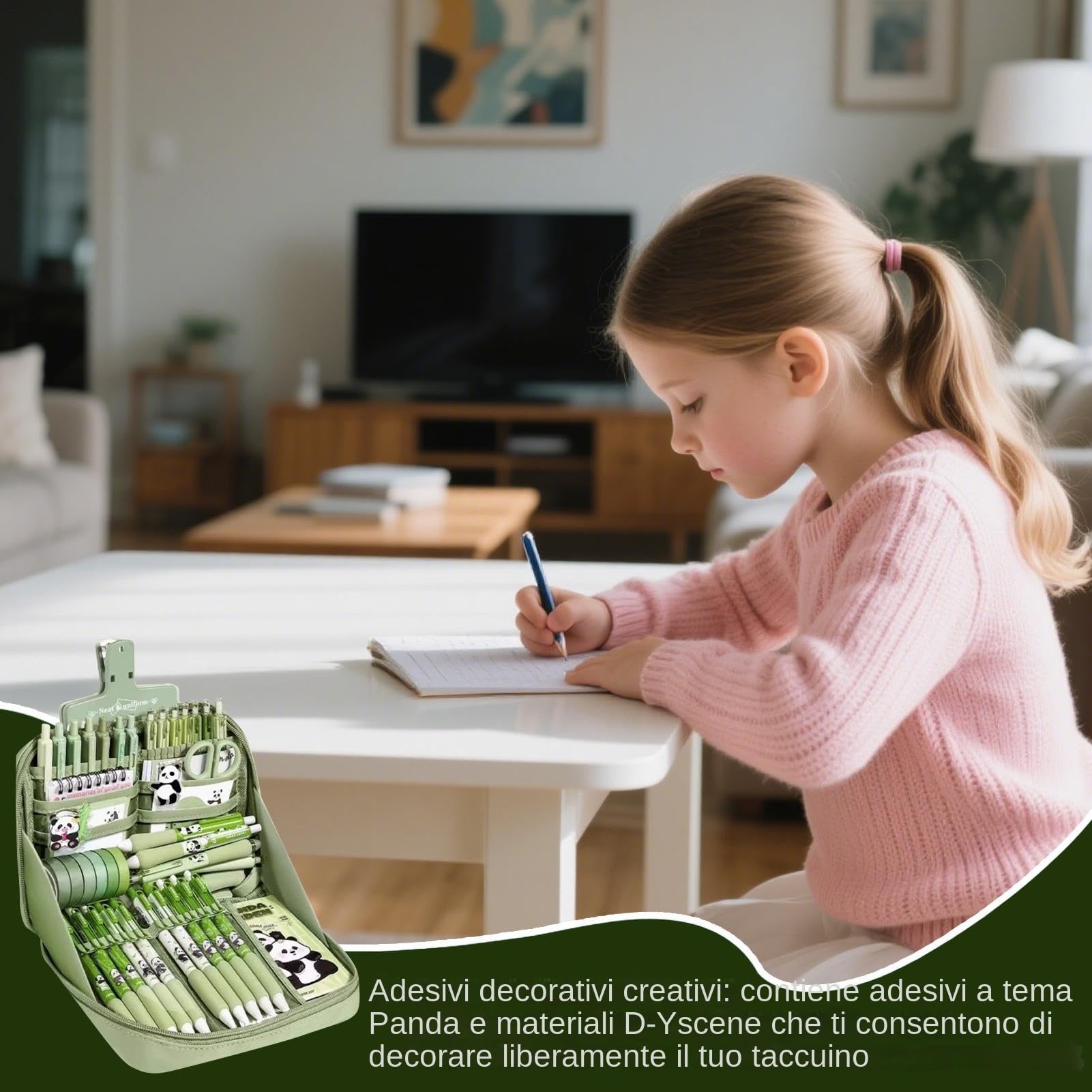 Generico Set Di Materiale Scolastico Panda - Kit Di Cancelleria | Essenziali Per Lo Studio, Include Righello, Taccuino, Portachiavi, Penne, Astucci, Linguette, Adesivi, Divertente Design A Te