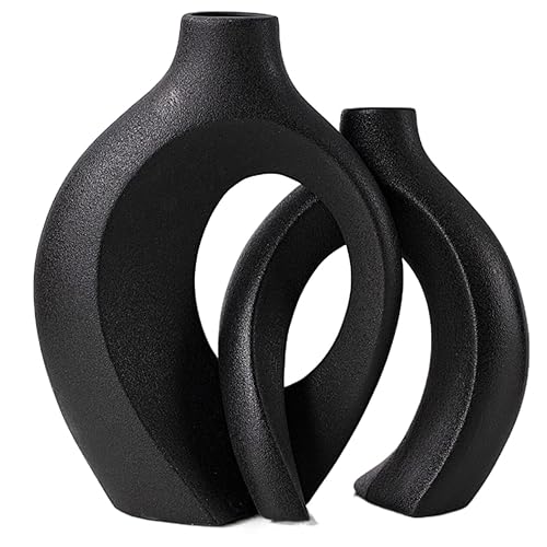 Levvohd Black Hollow Ceramic Vase Set of 2, Snuggle Round