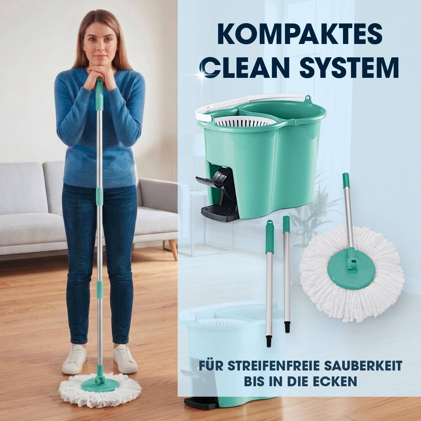 CLEANmaxx Power-Wischmopp mit Zwei-Kammer-Filtersystem | Designed in Deutschland - Schmutzwasser wird gefiltert, leichtes Auswringen für streifenfreie Sauberkeit | Ideal für Laminat, Parkett & Fliesen