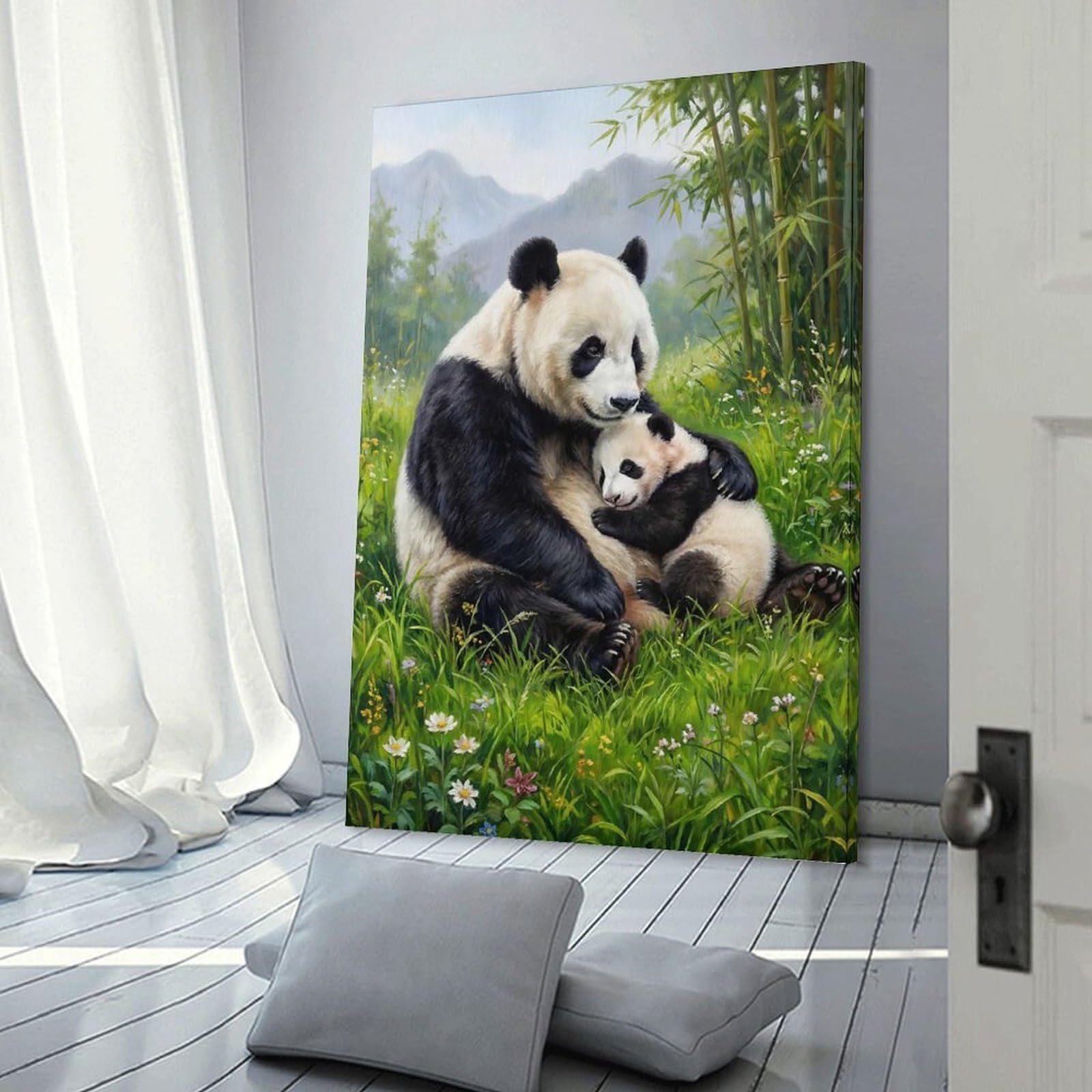 Junmoney Panda Mother And Cub Painting Wall Art Print, 24x36inch(60x90cm), for Entryway, Lounge Links Or Small Walls, Decorative Wall Art for Narrow Spaces