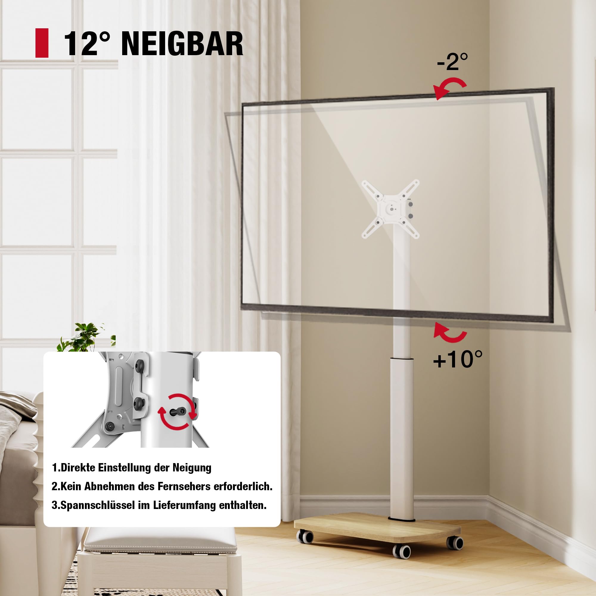 AOKCOS TV Ständer Rollbar mit Holzbasis, Fernsehständer Rotierbar für 19-42 Zoll Fernseher, TV Bodenständer mit Rollen Höhenverstellbar Schwenkbar, bis 20 kg Max. VESA 200x200mm (Weiß+Natur)