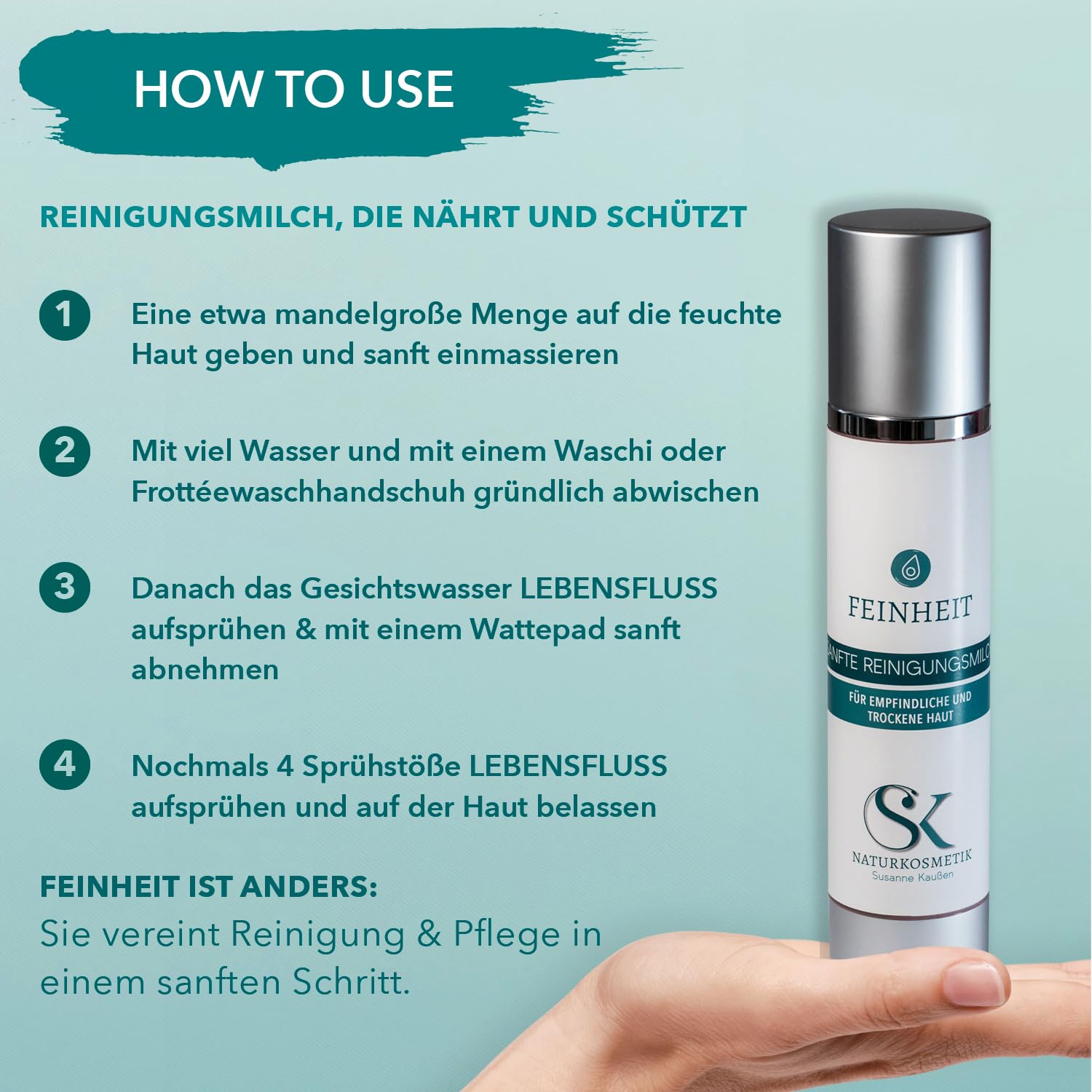 SK Naturkosmetik FEINHEIT Reinigungsmilch – sanfte Gesichtsreinigung mit Porzellanerde, Aprikosenmandelöl & Jojobaöl | mit Vitamin E & B12 | entfernt Make-up & Augen-Make-up ohne Brennen