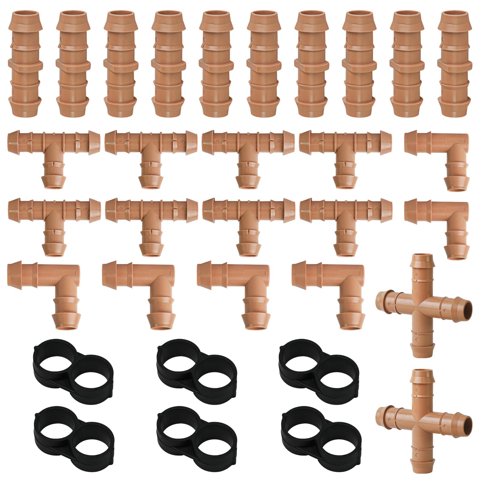TTioDri 32 Pieces Drip Irrigation Fittings Kit for 1/2 Inch Tubing, Drip Irrigation Parts for Drip Sprinkler System - 10 Couplings, 8 Tees, 6 Elbows, 6 Plugs, 2 Crosses Drip Line Connectors