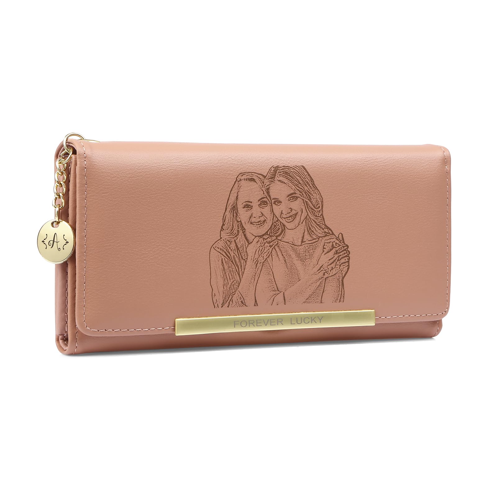 Personnalisé Portefeuille Femme Grand Format Photo et Nom Portefeuille avec Pochette de Monnaie Porte-Cartes Cadeau pour Femme Anniversaire Noël (Rose)