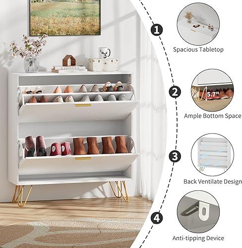 Miniatura 4 de JOZZBY Armario de zapatos para entrada, armario de almacenamiento de zapatos estrecho blanco con 2 cajones abatibles, organizador de zapatos