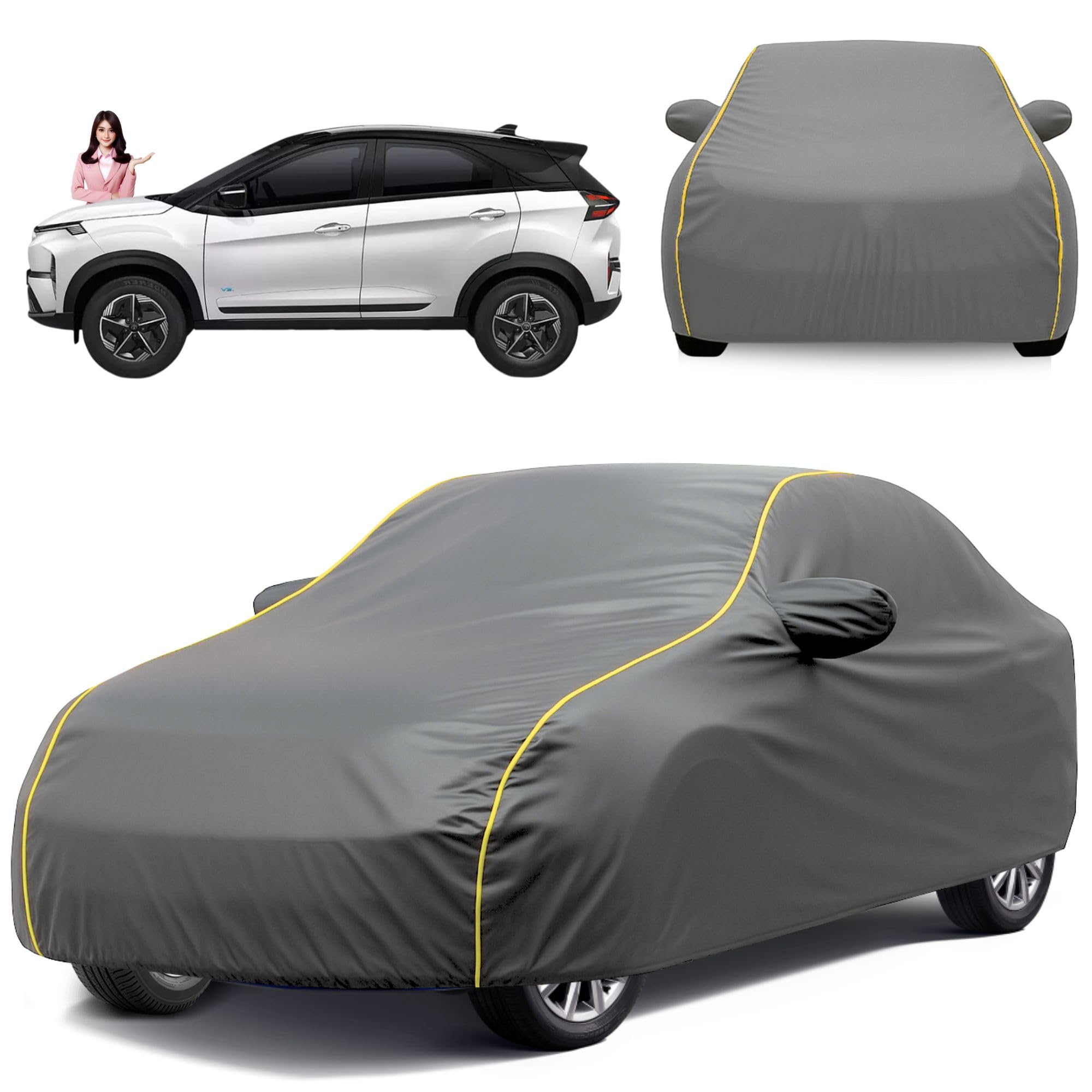Car Cover Compatible for Tata Nexon All Model & Years (2017-2025) 100% Waterproof with Mirror Pockets, Triple Stitched Bottom Elastic Dustproof Full Body Protection Heat & UV Resistant, Grey