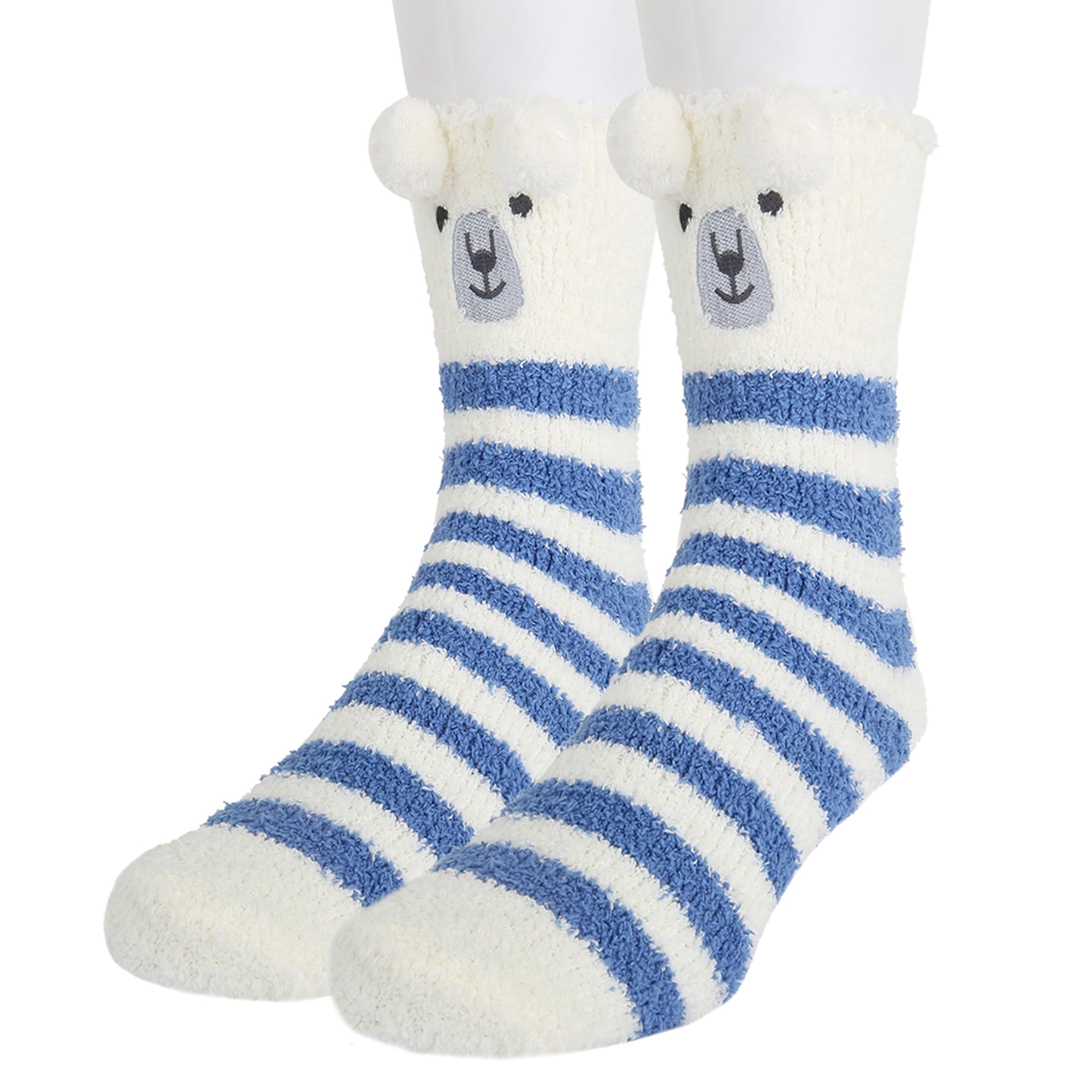Benefeet Sox Mens Fun Fuzzy Slipper Socks Funny Fluffy Cartoon Animal Soft Socks Plush Coral Fleece Cozy Sleeping Sock, Blue White Striped Polar Bear, One Size