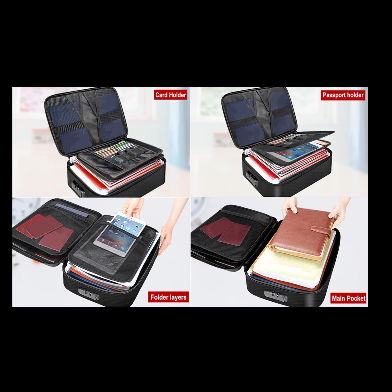 Organizer per documenti con serratura codificata Borsa portadocumenti portatile con cerniera a 3 strati per viaggi, ufficio, casa, nera