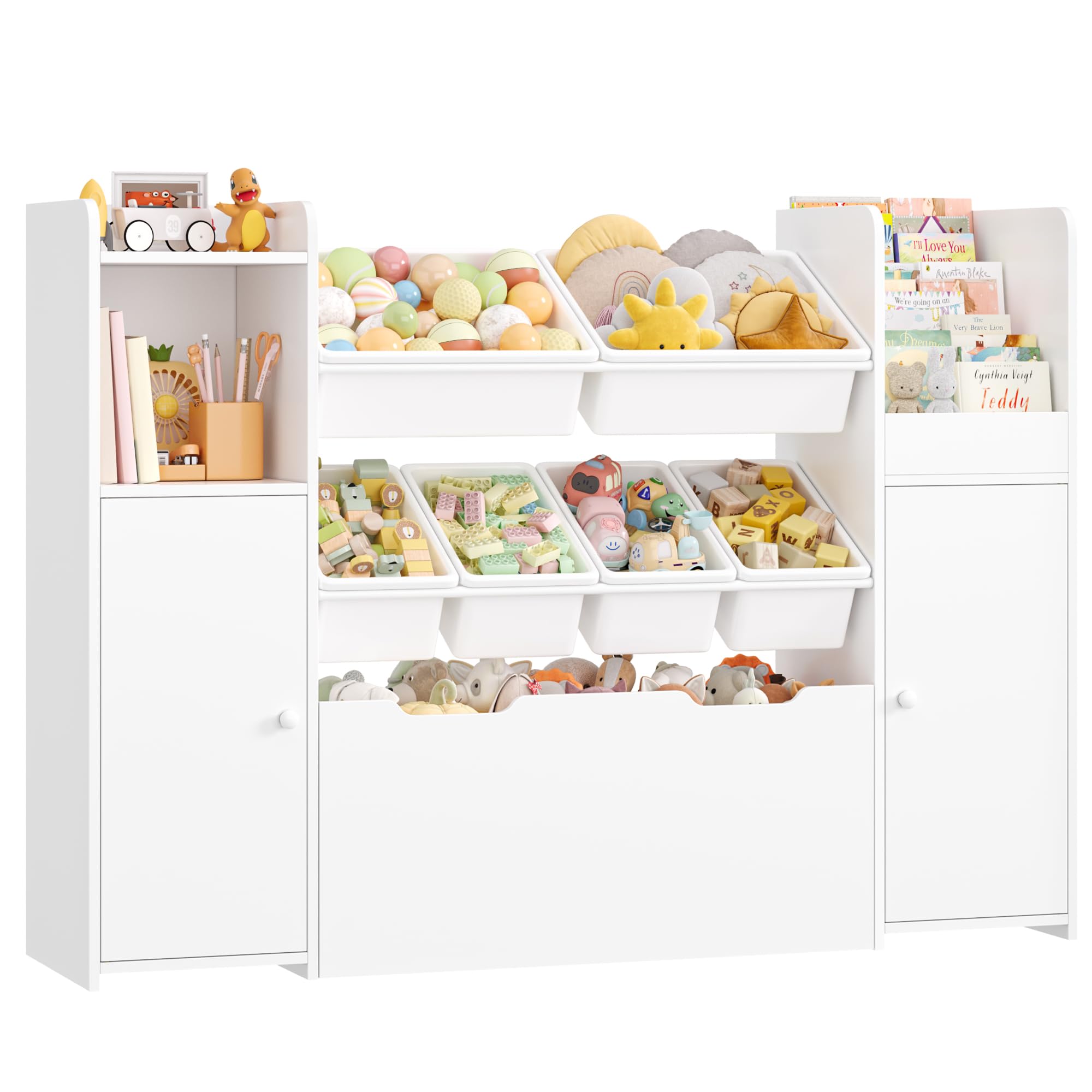 FOREHILL Organizer Giocattoli, Porta Giochi Bambini con 6 Scatole Contenitori, Mobile Porta Giochi con Portariviste, 1 Cassetto Grande con Ruote, per Cameretta e Sale Giochi, 138x30x94 cm (Bianco)