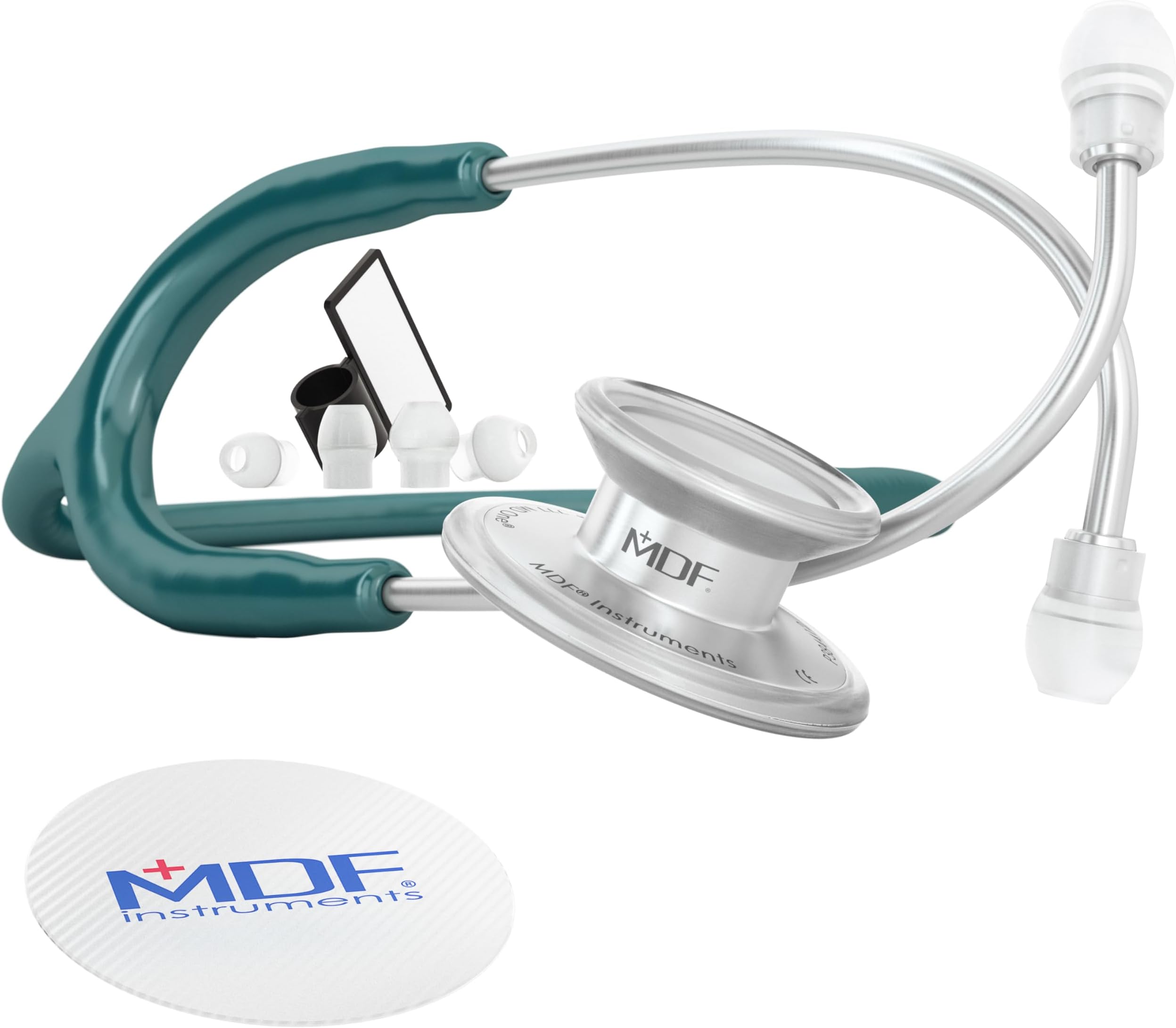 MDF Instruments, MD One Stainless Steel Stethoscope, Adult, Dark Green Tube, Silver Chestpieces-Headset, MDF77709