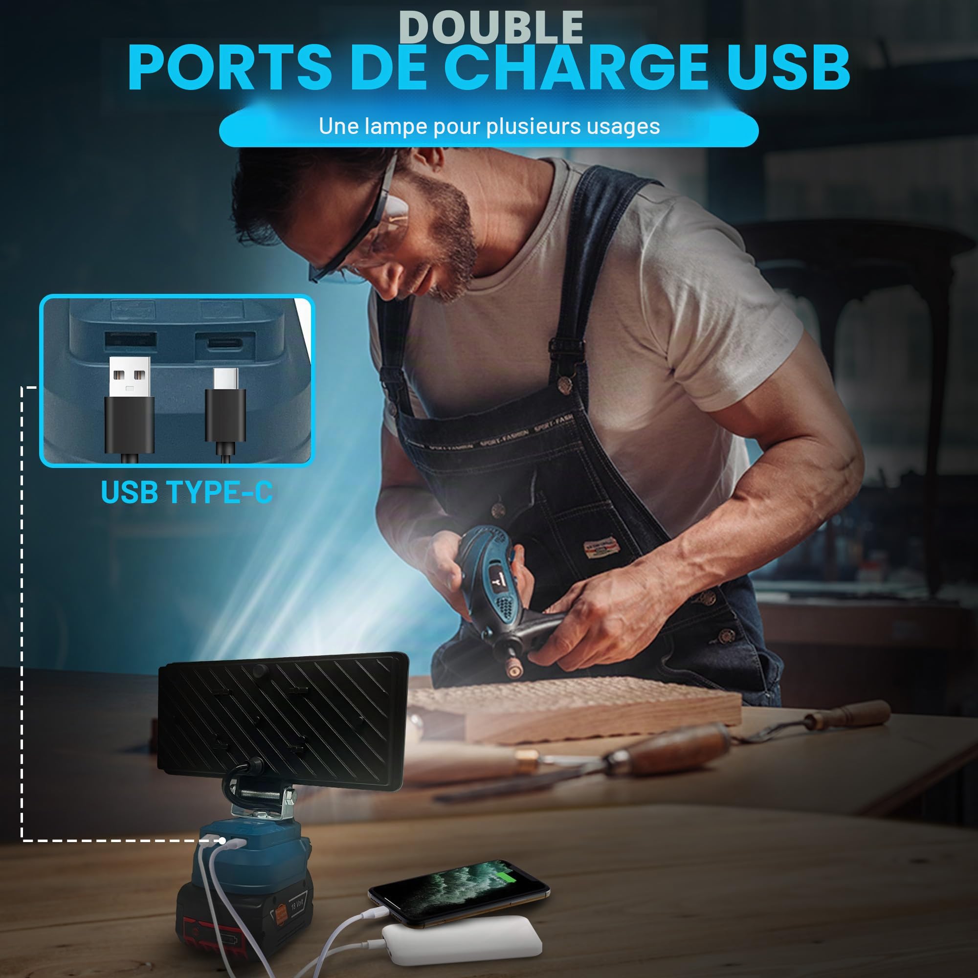 Lampe LED sans fil pour batterie Bosch 18 V, 96 W 6800 lm, projecteur de chantier LED avec USB + type C (sans batterie)