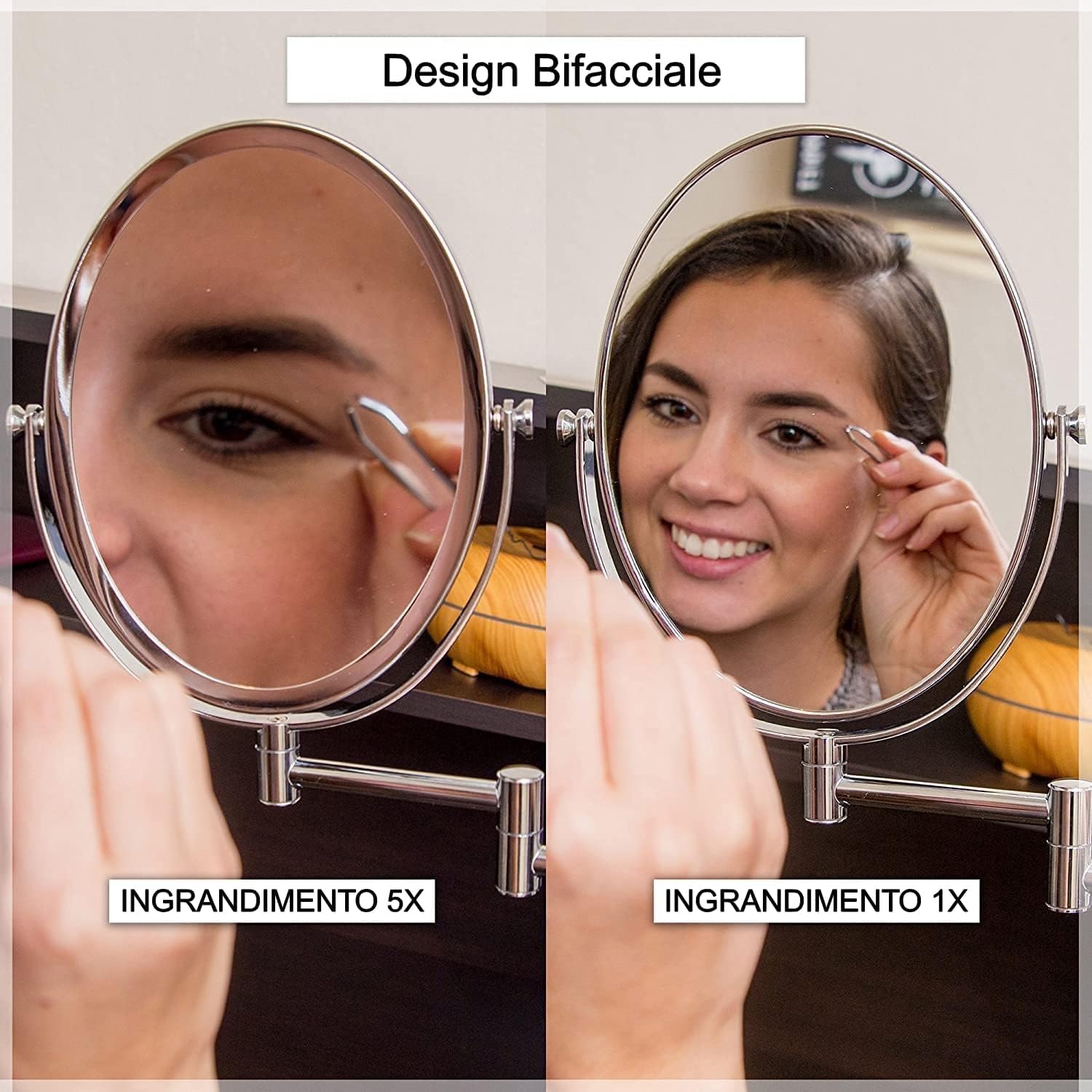 Mirrorvana Specchio ingranditore 5X e 1X da parete per bagno - rotazione a 360°, specchio trucco 17 x 22 cm (cromato)