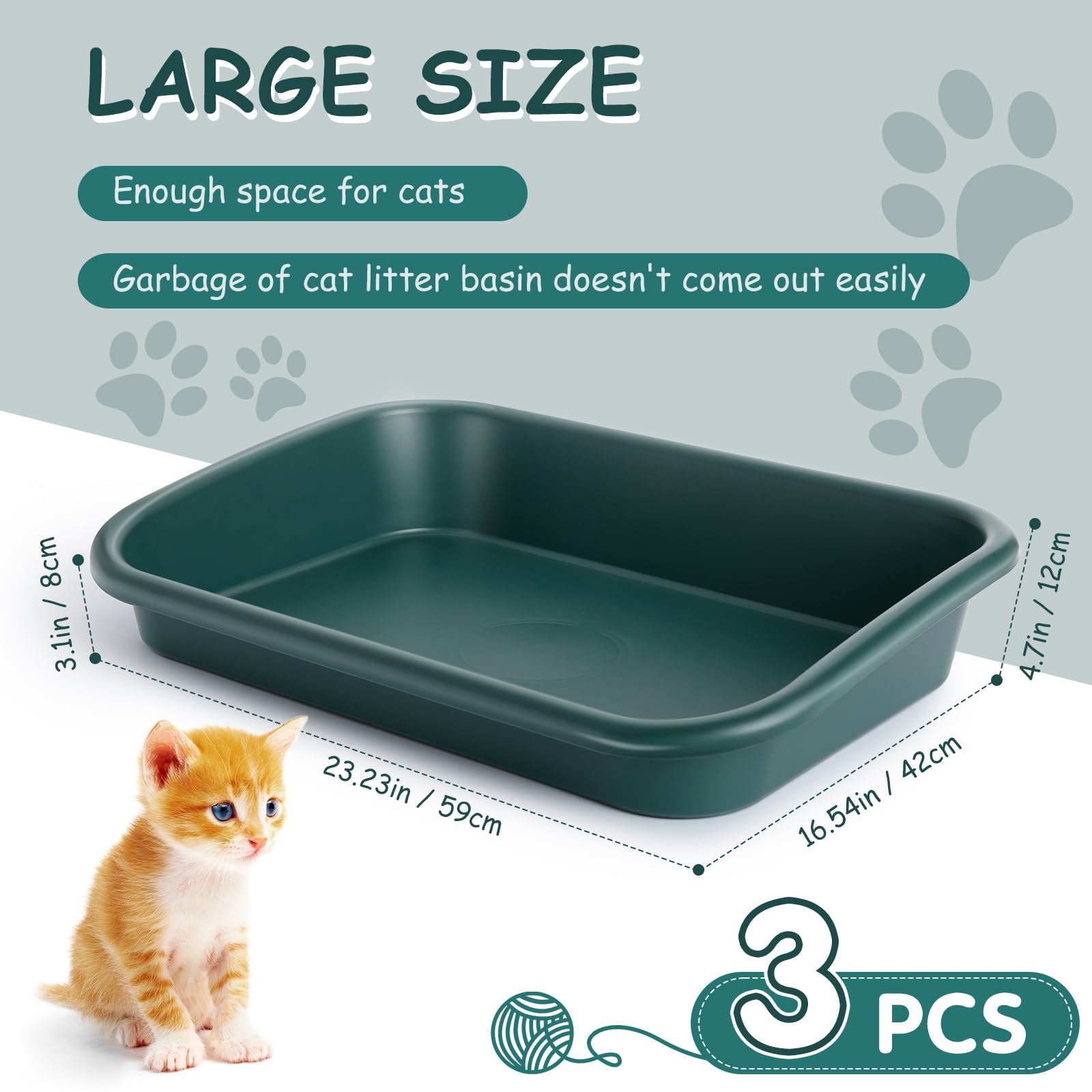 Lettiera grande per gatti anziani con ingresso basso, 3 pezzi, con apertura superiore, per gattini, grandi gatti anziani malati o disabili, 58,9 cm di lunghezza x 41,9 cm di larghezza (verde)