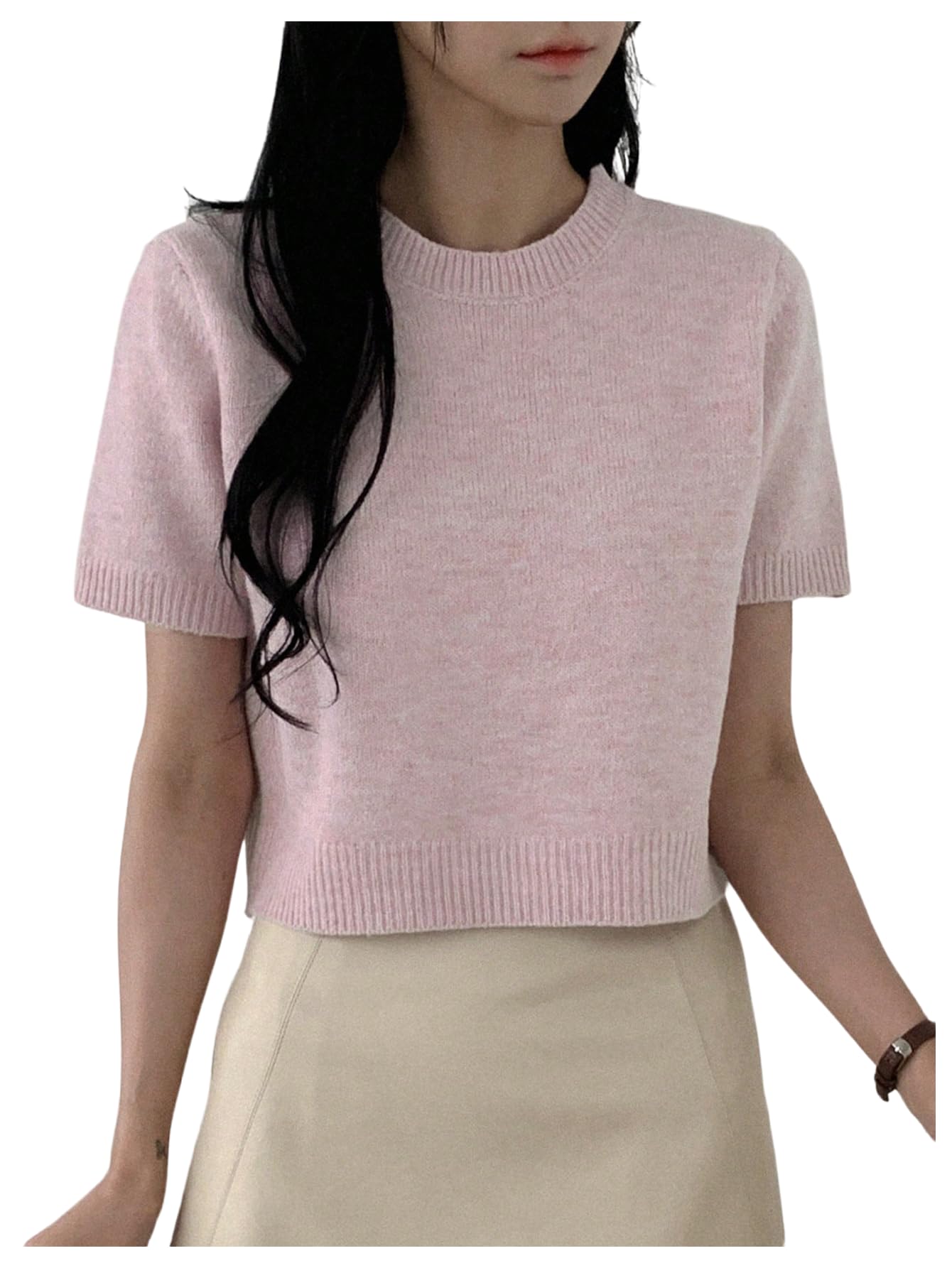 OYOANGLE Womens Short Sleeve Dressy Sweater Crew Neck Solid Lightweight Cropped Sweaters