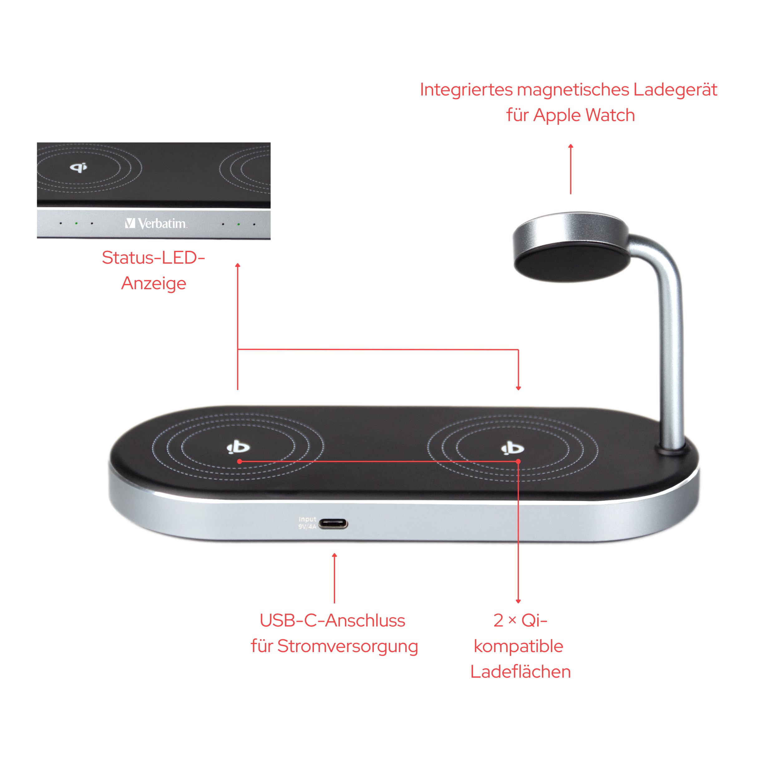 Verbatim 3-in-1 Qi MFi Dual Wireless Charger WCS-03, für iPhone, Apple Watch & Qi-fähige Geräte, Handy Ständer mit induktiver Ladestation, kabelloses Ladegerät für Apple, Samsung und mehr