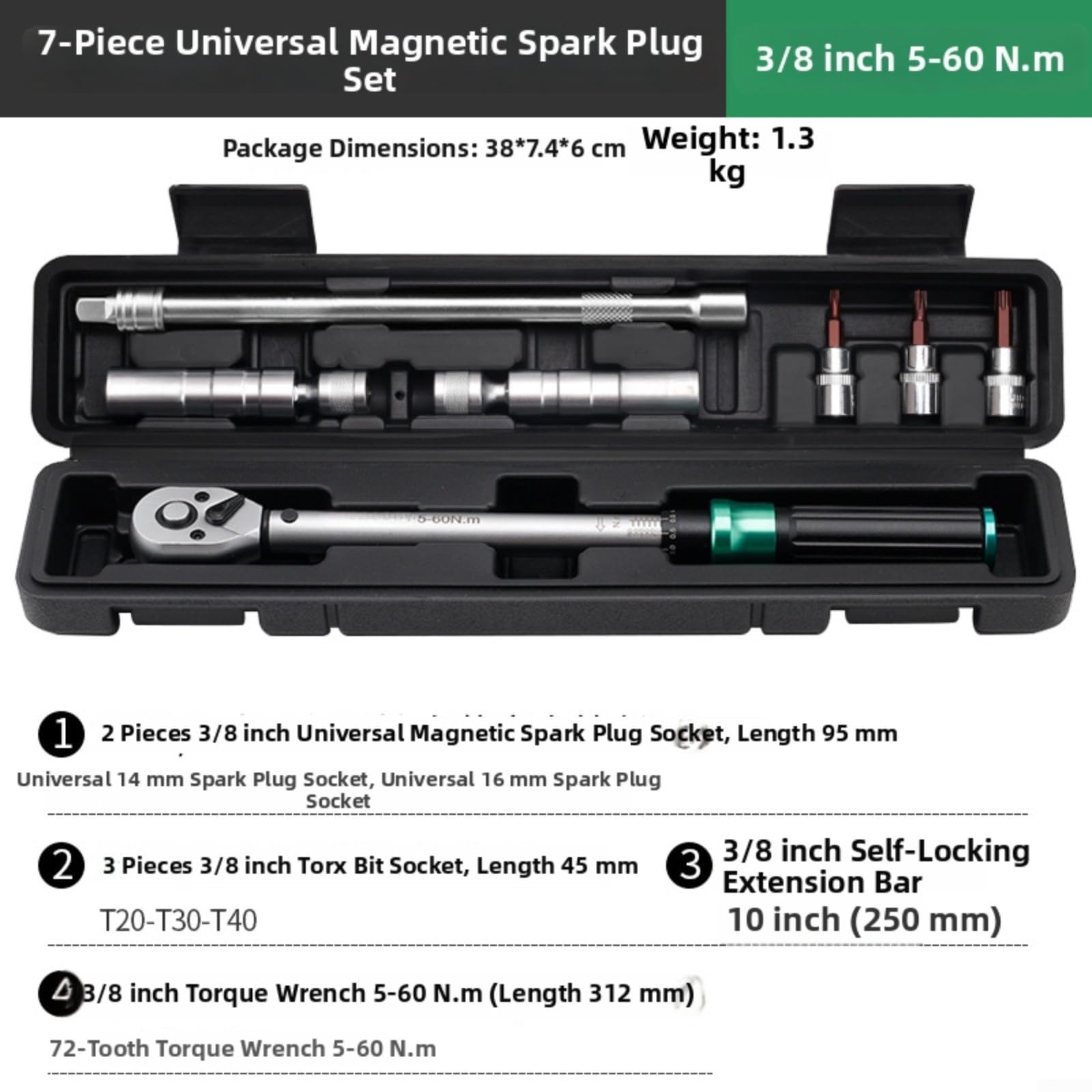 Chiave dinamometrica, 5-60 N.m, chiave dinamometrica regolabile a 72 denti, kit di chiavi magnetiche in acciaio al cromo vanadio, per manutenzione auto, nero e verde (8 kit)