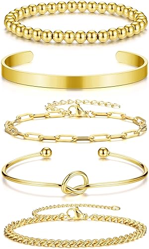 PiercingJ Juego de pulseras apilables para mujer, delicadas pulseras de eslabones cubanos con cadena de cuentas doradas, clip de papel en capas,