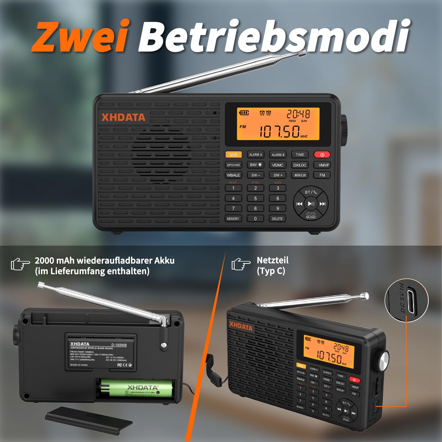 XHDATA D109WB Klein Tragbares Retro Radio FM/AM/LW TF/Bluetooth MP3-Player SOS-Alarm Küchenradio Outdoor Camping Notfall Senioren Kinder