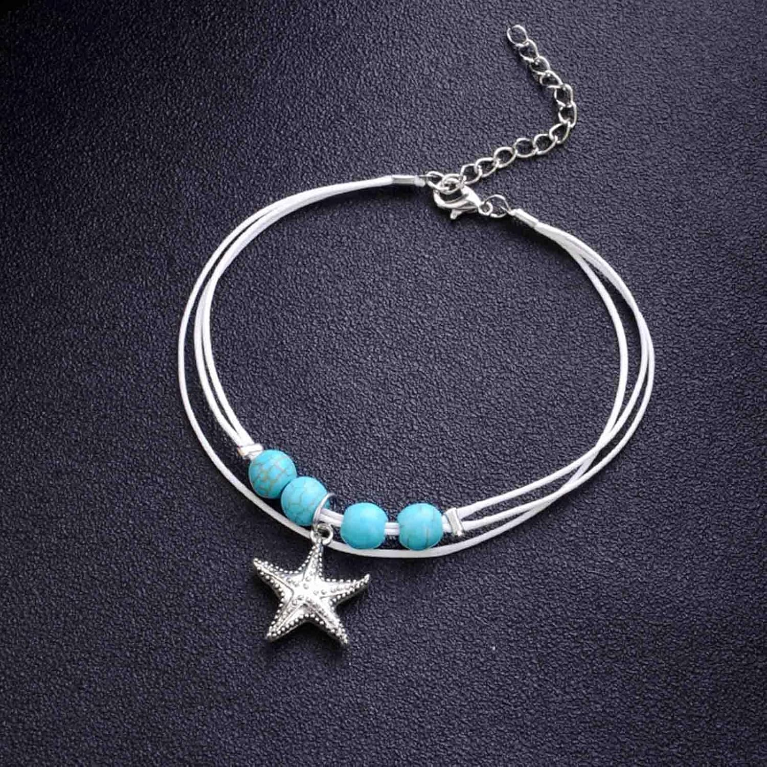 Bohemian Layered Turquoise Anklet for Women Retro Starfish Pendant Ankle Bracelets Woven Rope Anklets Chain Bracelet Summer Beach Foot Ankle Chain Jewelry for Girls Gifts - Image 7