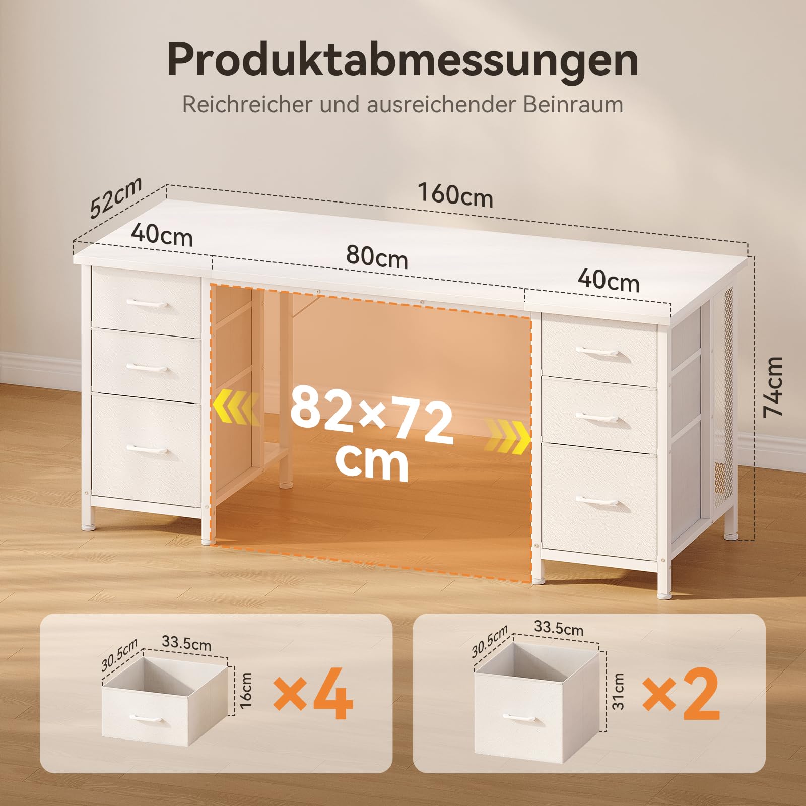 Coleshome Schreibtisch mit 6 Stoff Schubladen, 160×52 cm, Weiß | Computertisch mit Ablageflächen, Bürotisch mit CPU-Halterung, für Homeoffice, Arbeitszimmer & Büro