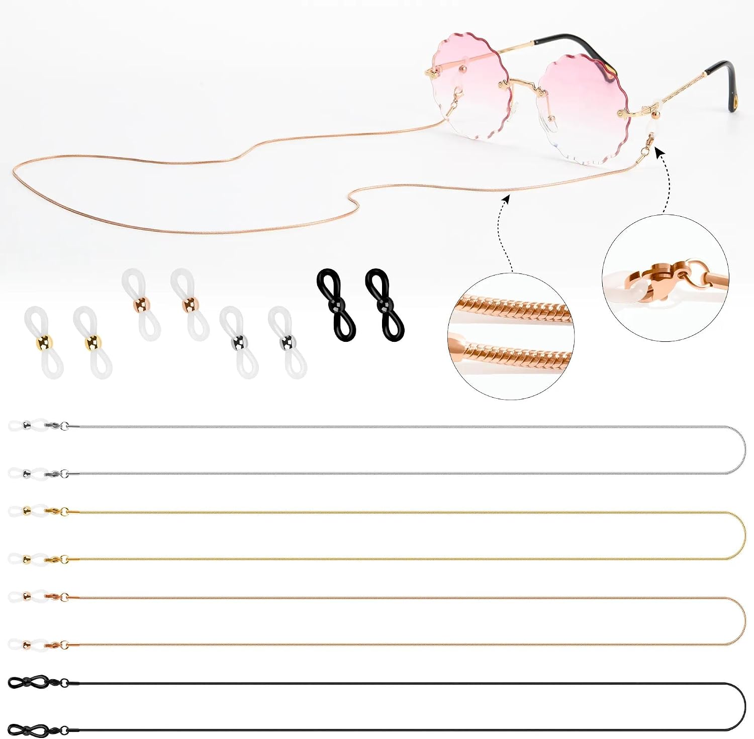 Glasses Chain for Women 75cm - Stainless Steel Eyeglass Holder with Anti-Slip Silicone Tips