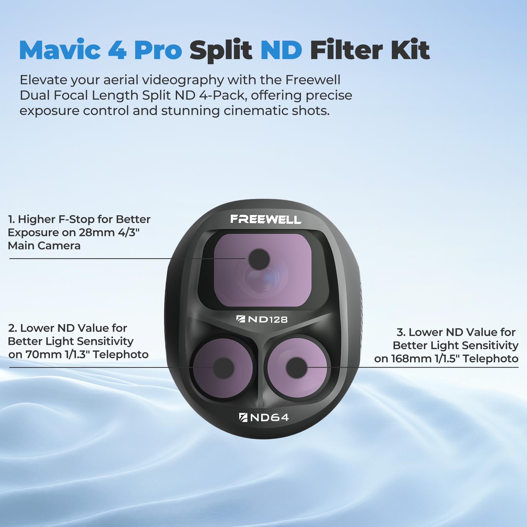 Freewell Paquete de 3 filtros ND divididos para dji Mavic 4 Pro - Split ND128/ND64, ND256/ND128, ND512/ND256 - para días soleados súper Brillantes