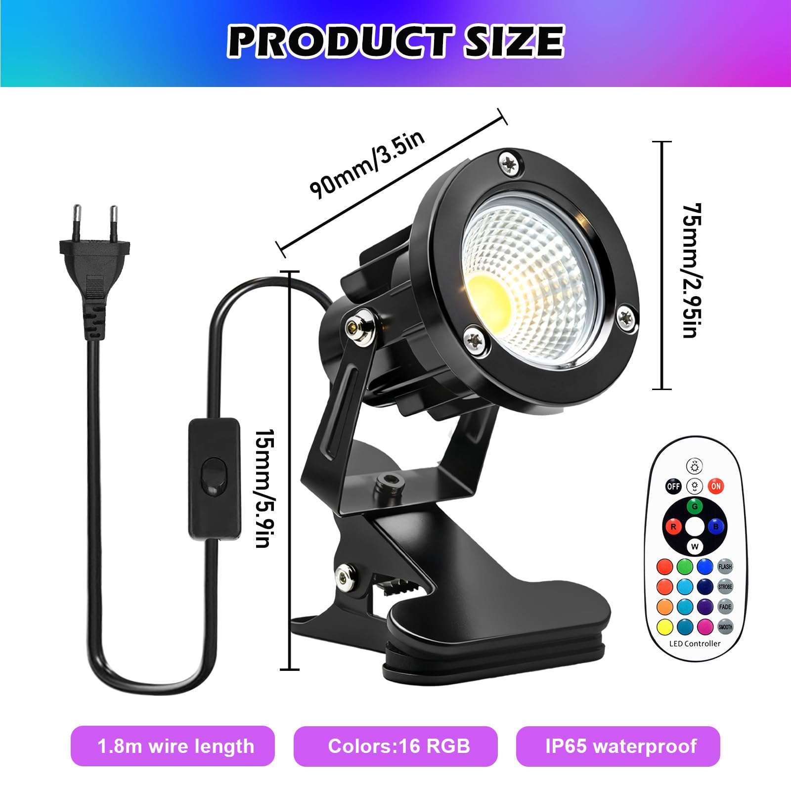 PORFOYO LED Spot Klemmstrahler, 6W RGB LED Klemmspot mit Fernbedienung, Strahler Klemmstrahler mit Stecker und Schalter, Schreibtischlampe, 4 Modi 16 Farbtöne, Wasserfester Klemmlampe für Innen Außen