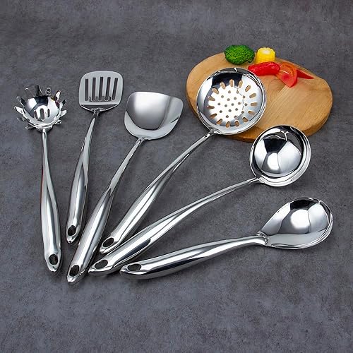 Miniatura 7 de VALESKA - Juego de utensilios de cocina de acero inoxidable 304, juego de utensilios de cocina de metal de 6 piezas, espátula wok, cucharón, cuchara