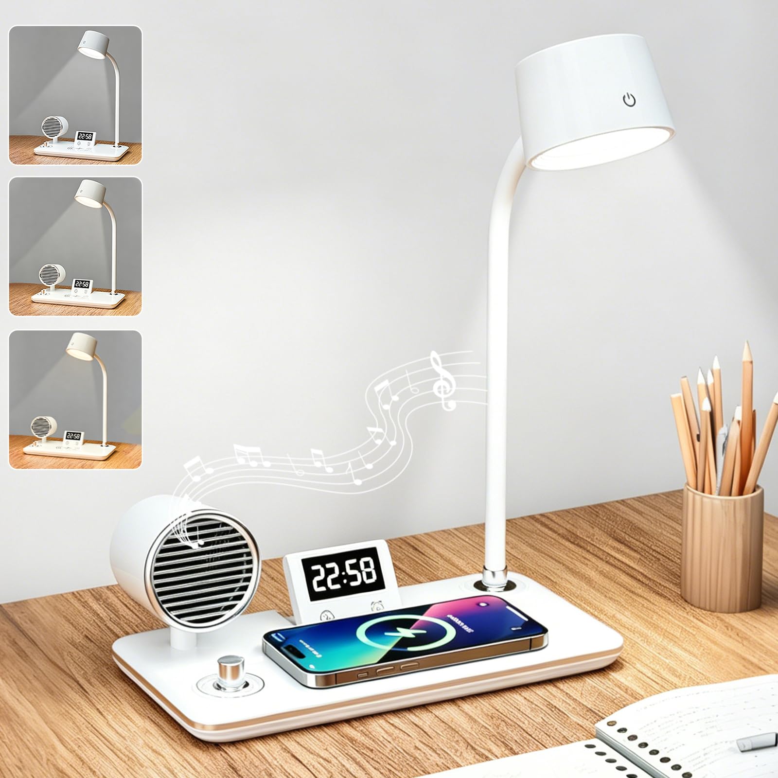 Mrilary LED Desk Lamp with USB, Dimmable Desk Light with 3 Color Temps, Timer Reading Light, 15W Wireless Charging, Bluetooth Audio, Eye Caring Table Lamp for Home Office Bedroom, White