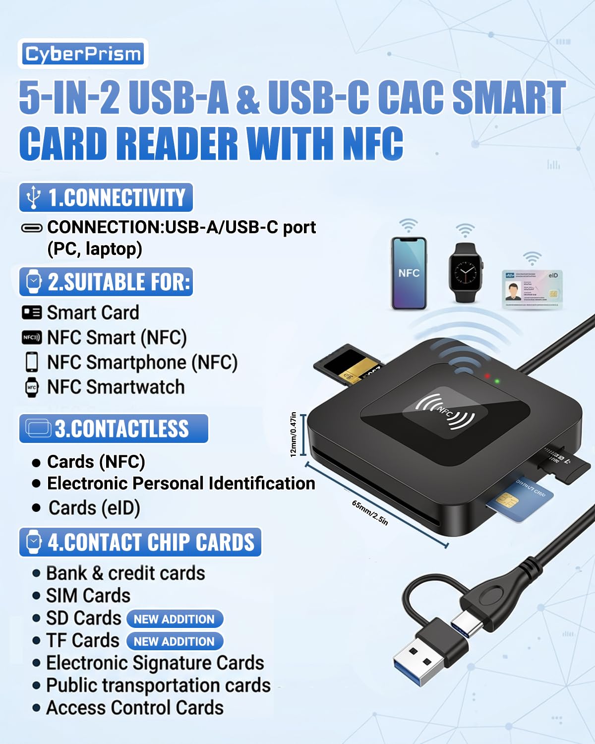 2 IN 1 USB-A& USB-C Chipkartenleser mit NFC- Smart Card Reader/SIM/SD/TF Kartenlesegerät- kompatibel mit Mac OS X+ Windows 11+ Linux, Android-für den neuen Personalausweis Gesundheitskarte Bankkarten