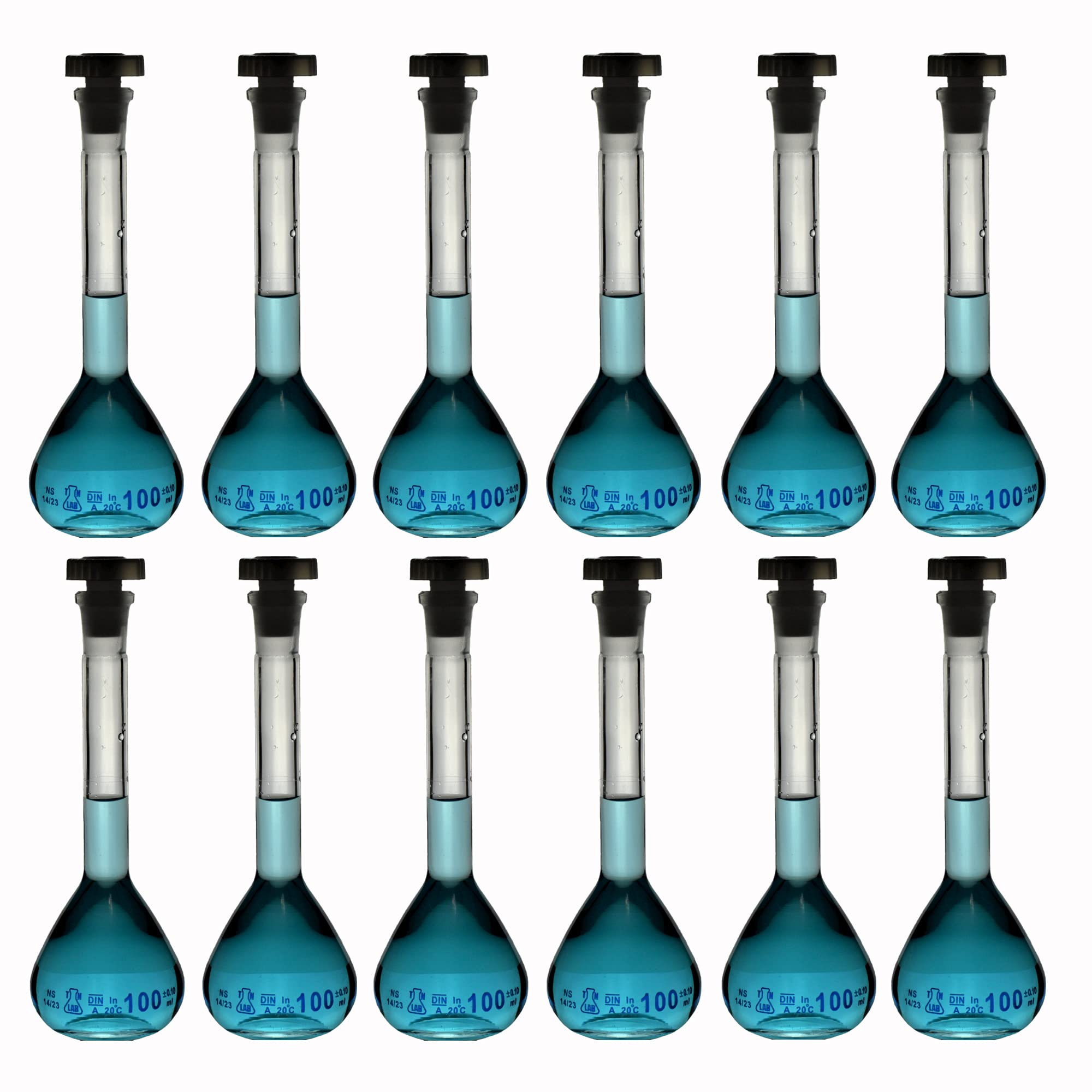 TN LAB Volumetric Flask 100ml Borosilicate Glass 14/23 Class A Accuracy 12-Pack