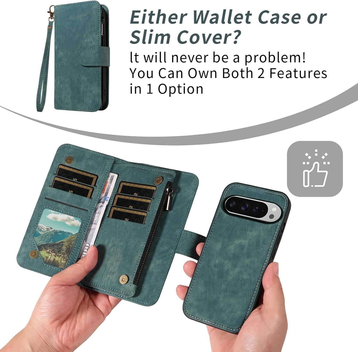 Asuwish Phone Case for Google Pixel 9 Pro XL Zipper Wallet Detachable Magnetic Cover with Tempered Glass Screen Protector Crossbody Lanyard Strap Card Holder Pixel9 9Pro 9ProXL Nine Women Girls Blue