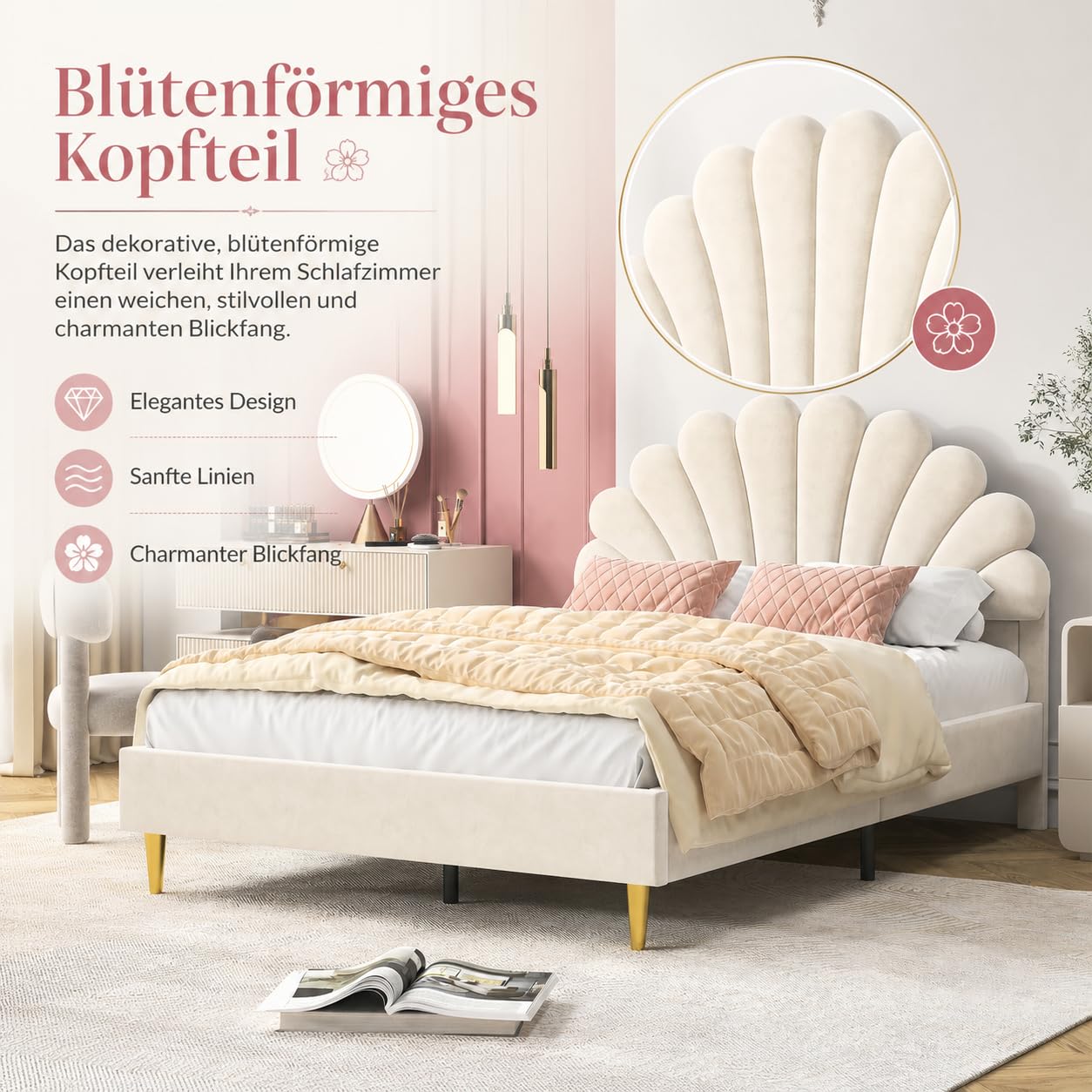 Polsterbett Kinderbett 140x200 cm, Doppelbett mit Lattenrost und Verstellbares Kopfteil in Blumenform, Mädchen Bett aus Holz, Samtstoff, Bett für Schlafzimmer, Ohne Matratze, Beige