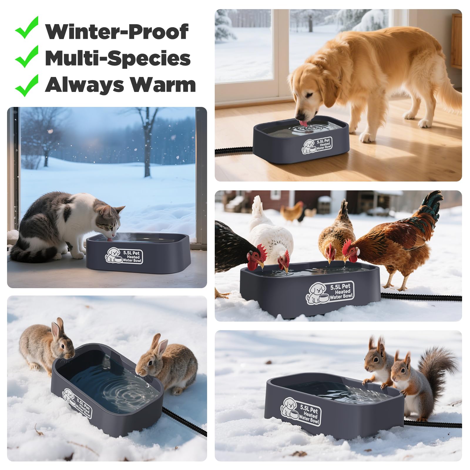 IPOW Cuenco de agua con calefacción para mascotas, rectangular extra grande de 5.5 litros, duradero, para exteriores, con cable antimasticación, mantiene el agua caliente a 25.0-35.0 °C para gatos y