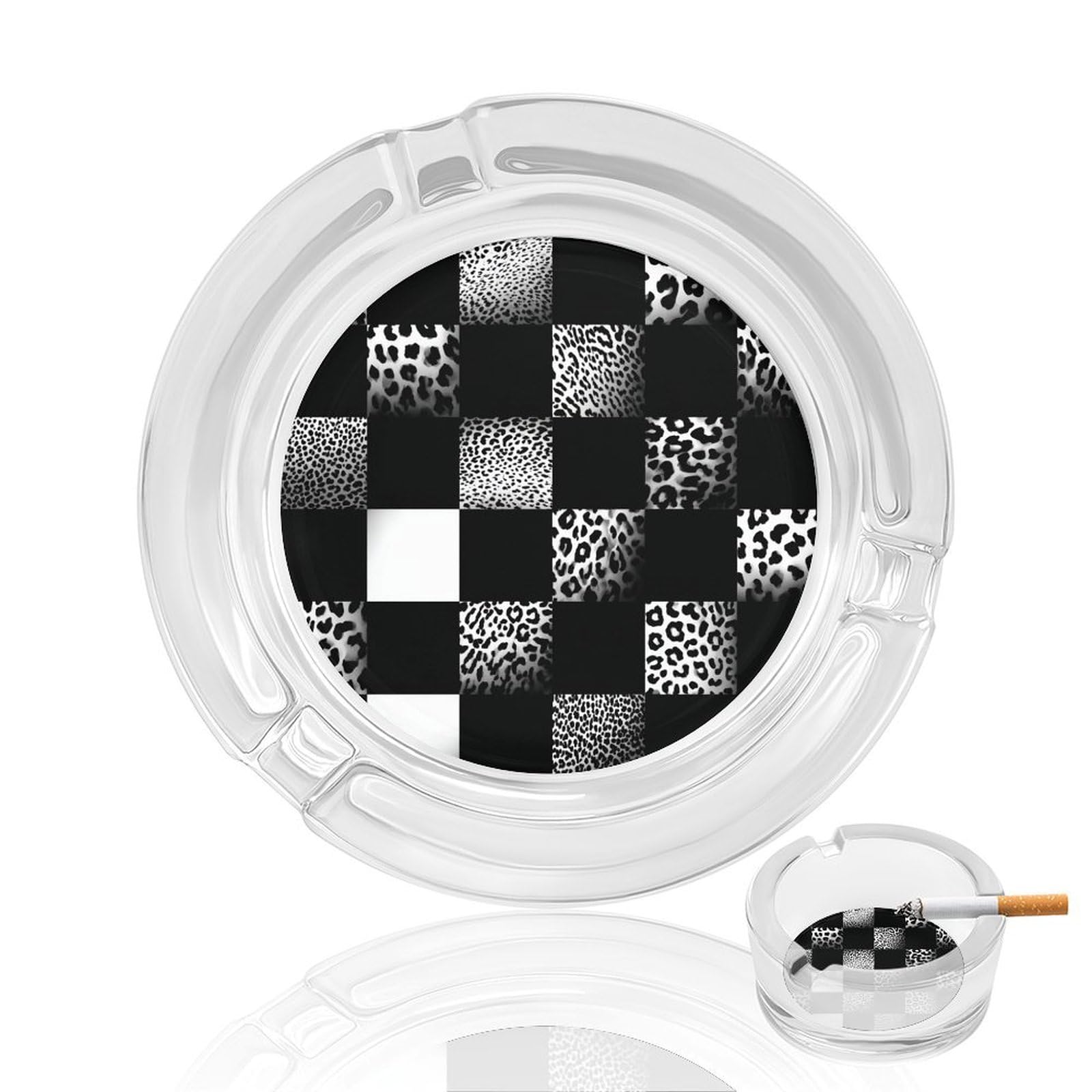 Black And White Checkered with Leopard Spots Glass Ashtray for Cigarettes Portable Decorative Ash Trays for Home Office Decor